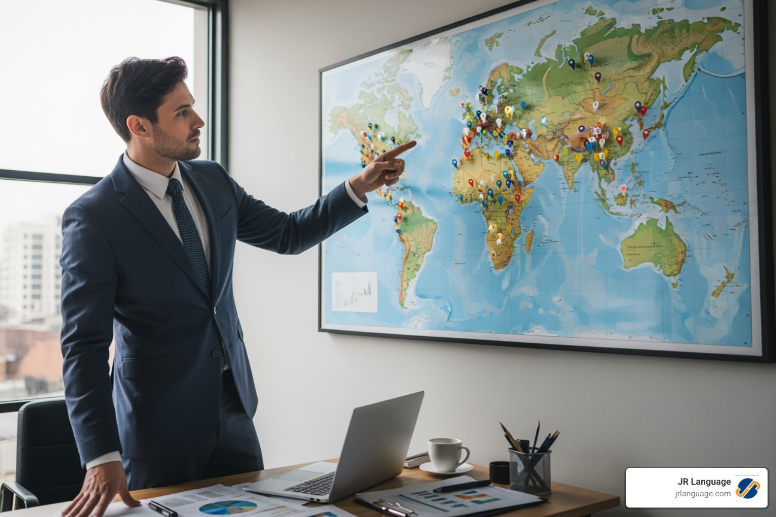 manager pointing to a world map with pins in different countries - employee handbook translation services manager pointing to a world map with pins in different countries - employee handbook translation services