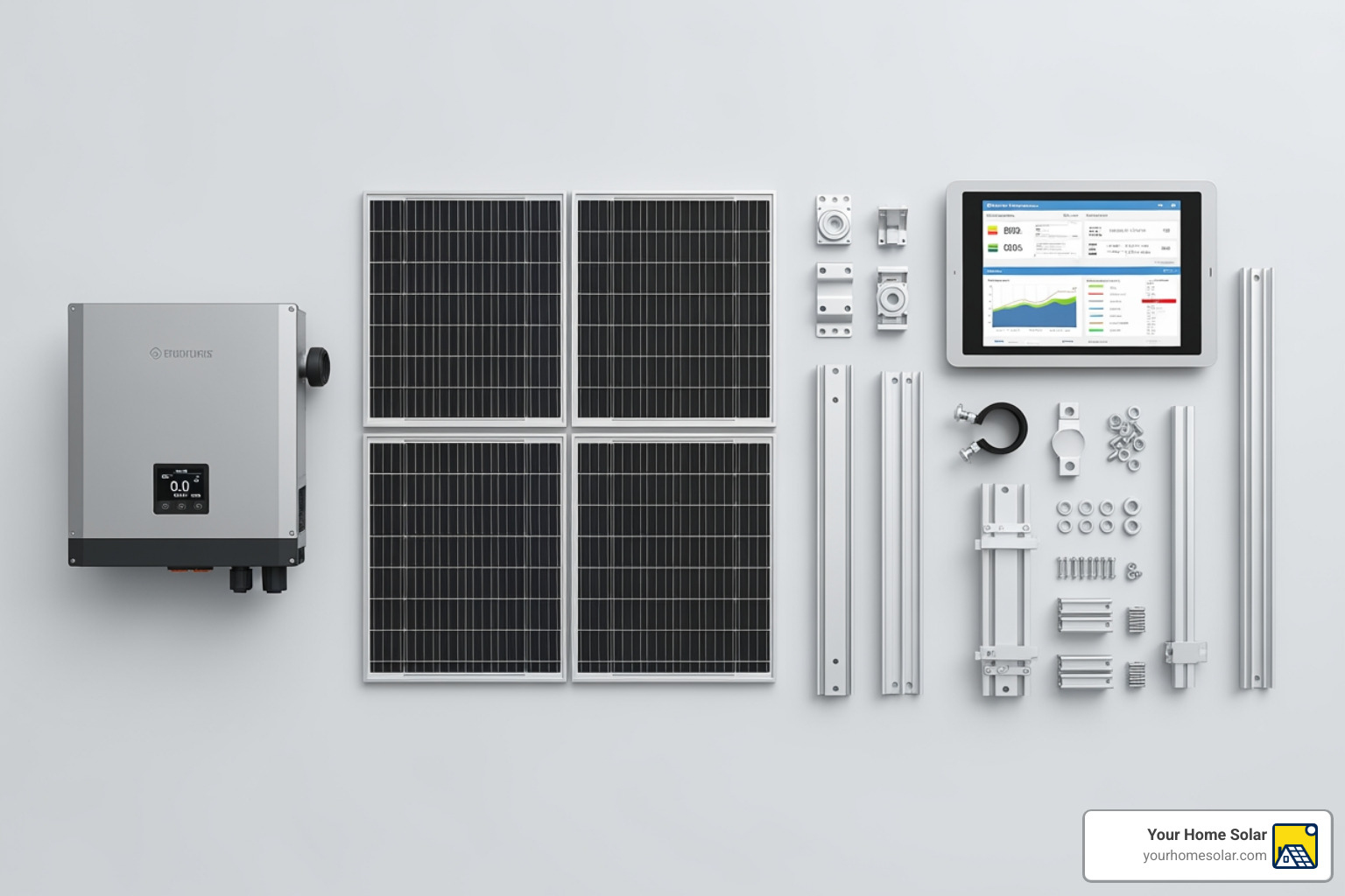 Components of a solar kit laid out including panels, inverters, racking, and monitoring system - 4kw solar panel system cost Components of a solar kit laid out including panels, inverters, racking, and monitoring system - 4kw solar panel system cost