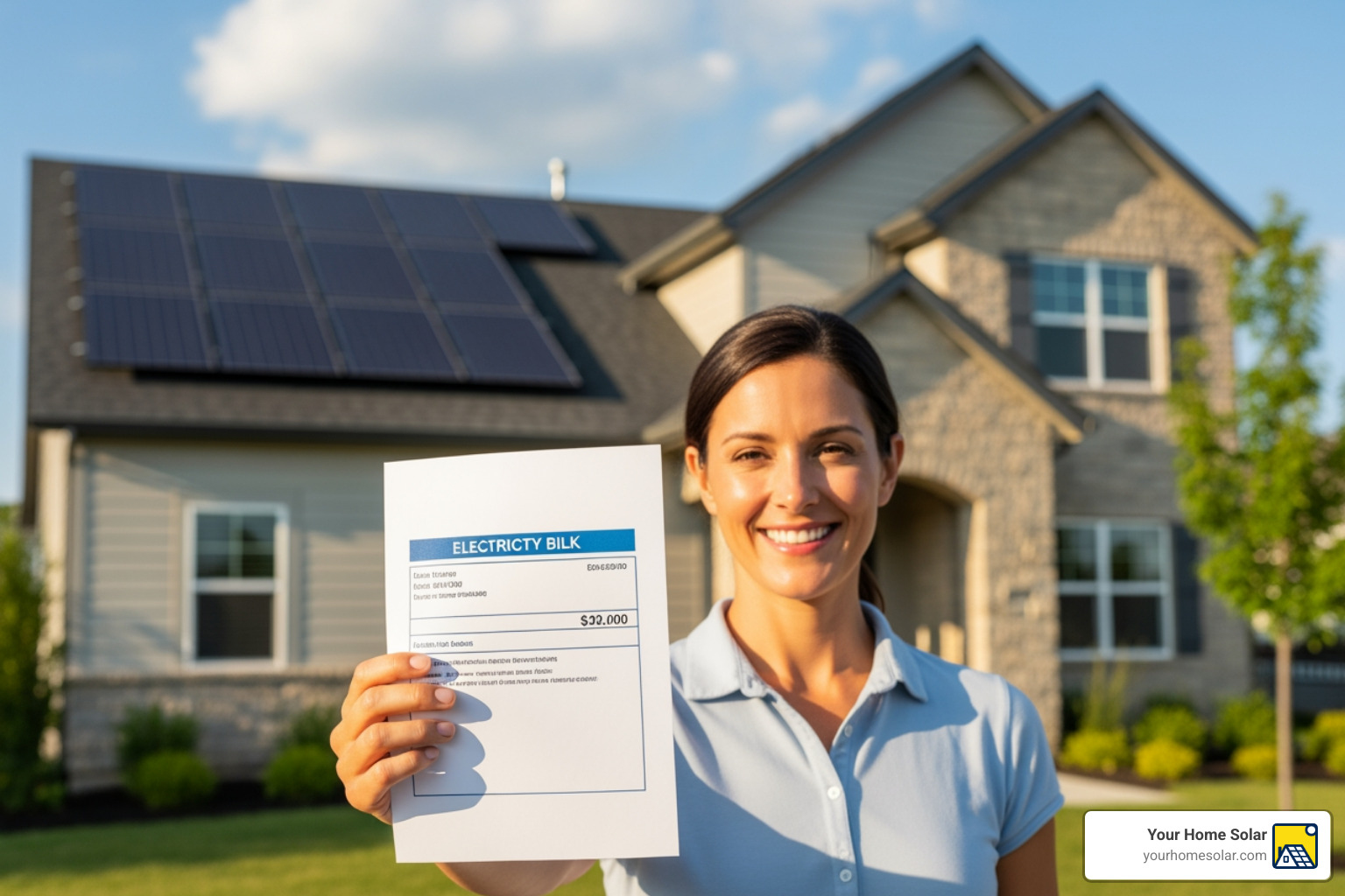 Homeowner smiling at their low electricity bill with solar panels - 4kw solar panel system cost Homeowner smiling at their low electricity bill with solar panels - 4kw solar panel system cost
