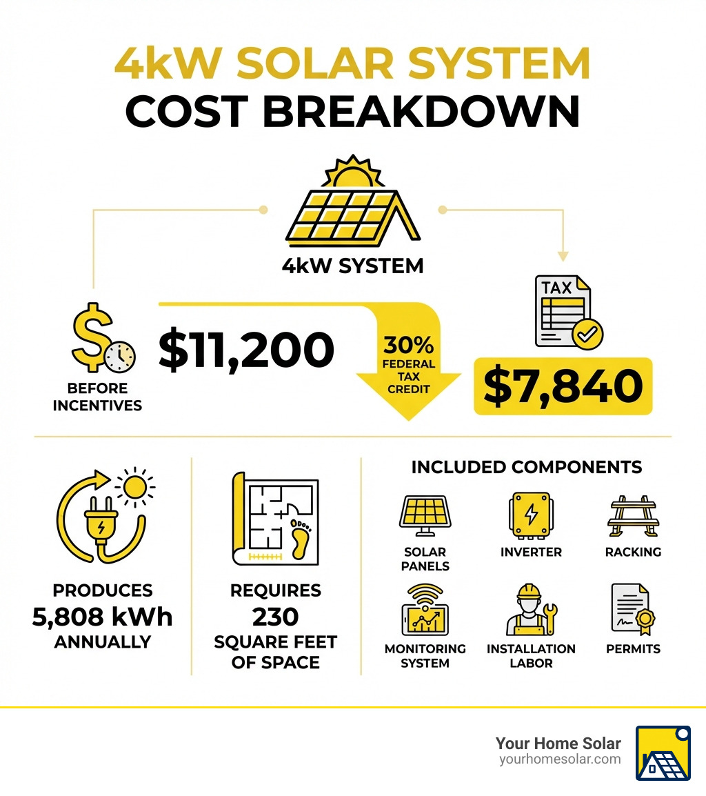 Infographic showing 4kW solar system cost breakdown: $11,200 average total cost before incentives, $7,840 after 30% federal tax credit, produces 5,808 kWh annually, requires 230 square feet of space, includes solar panels, inverter, racking, monitoring system, installation labor, and permits - 4kw solar panel system cost infographic Infographic showing 4kW solar system cost breakdown: $11,200 average total cost before incentives, $7,840 after 30% federal tax credit, produces 5,808 kWh annually, requires 230 square feet of space, includes solar panels, inverter, racking, monitoring system, installation labor, and permits - 4kw solar panel system cost infographic