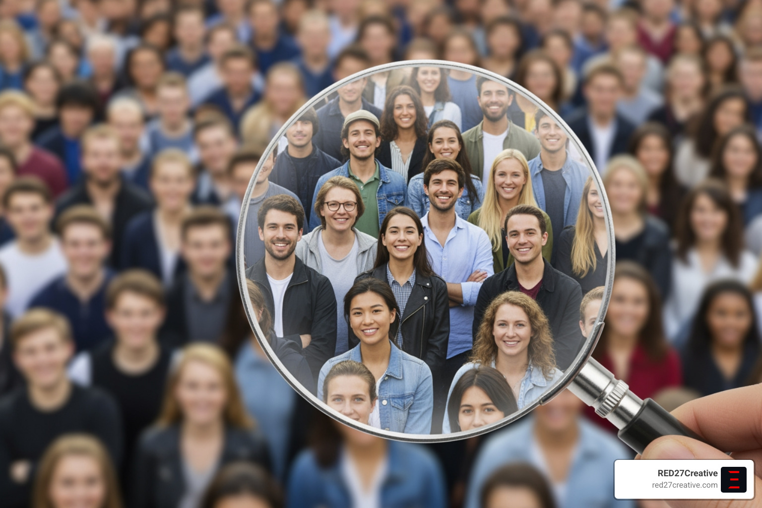 A magnifying glass focusing on a specific group of people within a larger crowd - Account based marketing B2B A magnifying glass focusing on a specific group of people within a larger crowd - Account based marketing B2B