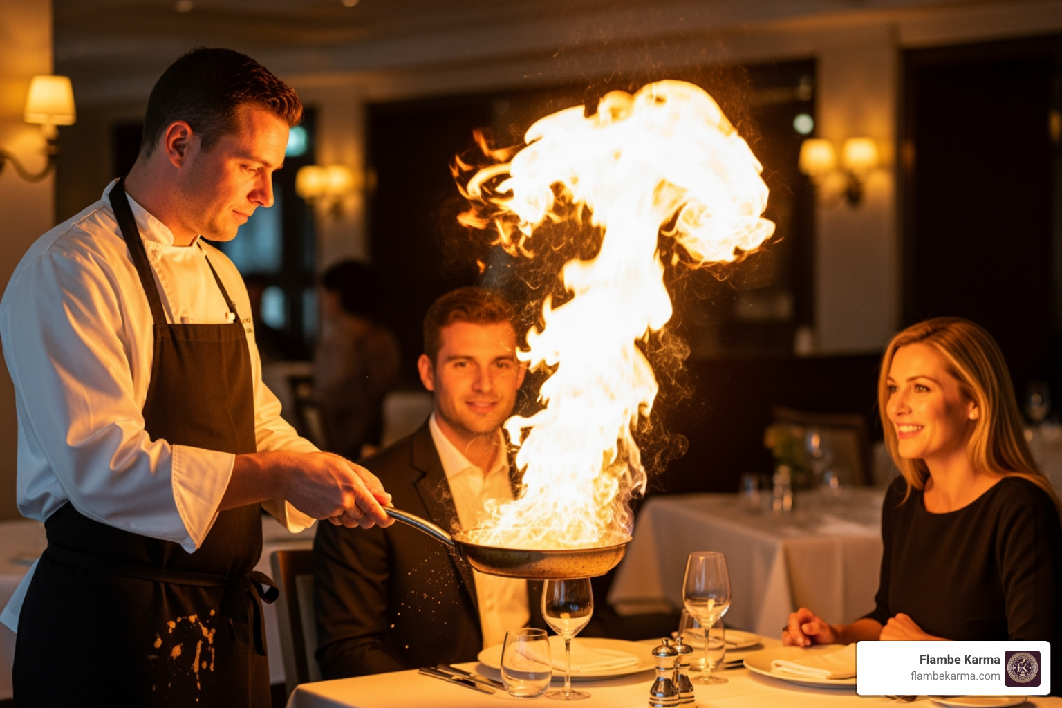 chef preparing flambe dish tableside - best date night restaurants