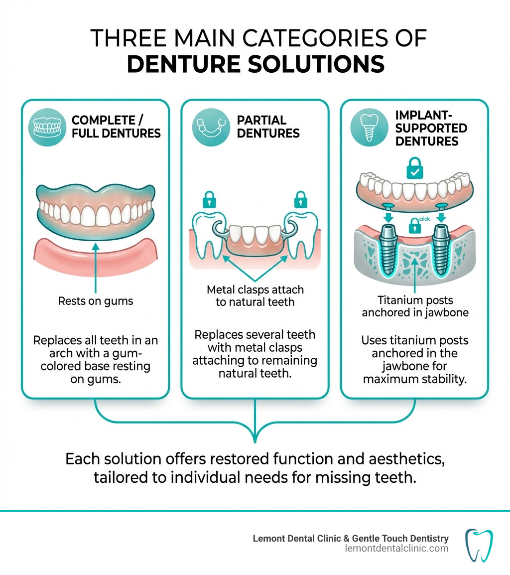 Infographic showing the three main categories of dentures: Complete/Full Dentures for replacing all teeth in an arch with a gum-colored base resting on gums, Partial Dentures for replacing several teeth with metal clasps attaching to remaining natural teeth, and Implant-Supported Dentures using titanium posts anchored in the jawbone for maximum stability - Dentures for missing teeth infographic Infographic showing the three main categories of dentures: Complete/Full Dentures for replacing all teeth in an arch with a gum-colored base resting on gums, Partial Dentures for replacing several teeth with metal clasps attaching to remaining natural teeth, and Implant-Supported Dentures using titanium posts anchored in the jawbone for maximum stability - Dentures for missing teeth infographic
