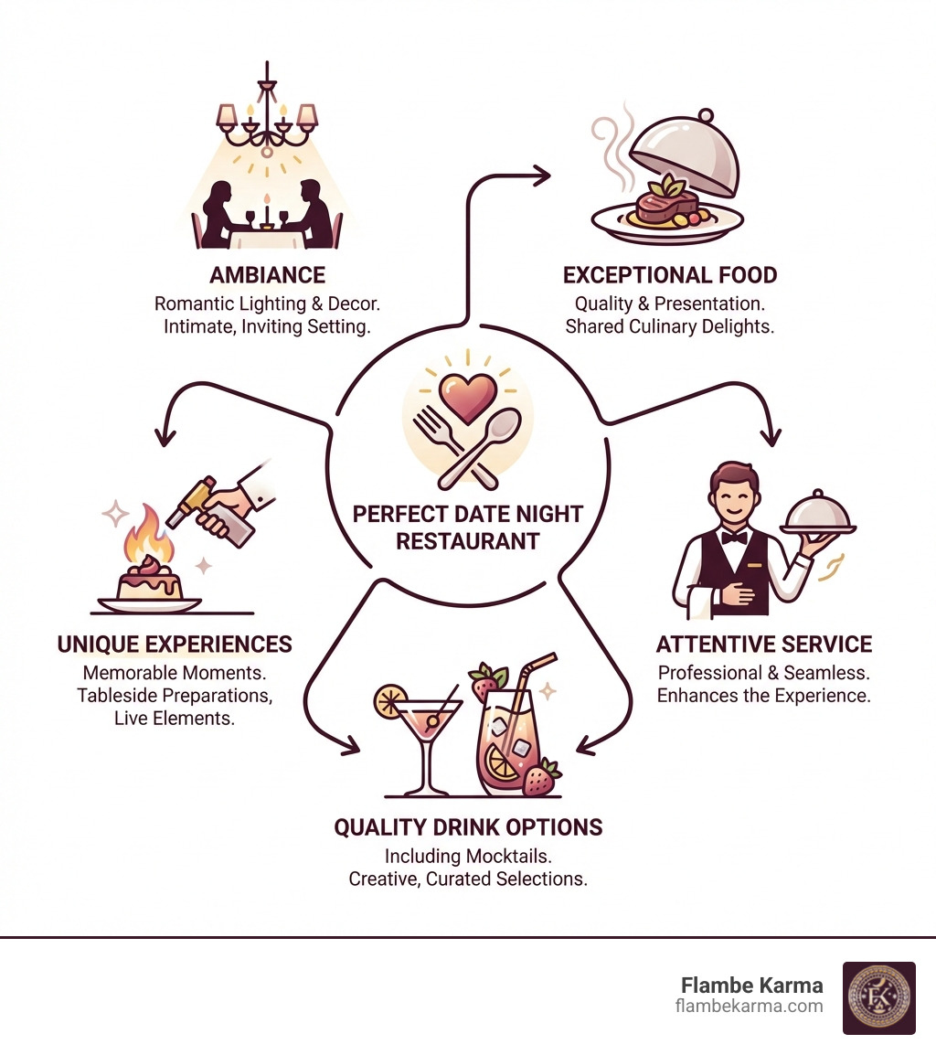 infographic showing key elements of perfect date night restaurants: ambiance with romantic lighting and decor, exceptional food quality and presentation, attentive professional service, memorable unique experiences like tableside preparations, and quality drink options including mocktails - best date night restaurants infographic 