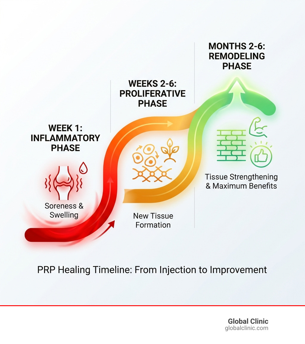 Infographic showing PRP healing timeline: Week 1 - Inflammatory phase with soreness and swelling; Weeks 2-6 - Proliferative phase with new tissue formation; Months 2-6 - Remodeling phase with tissue strengthening and maximum benefits - how long does it take for prp injections to work infographic 