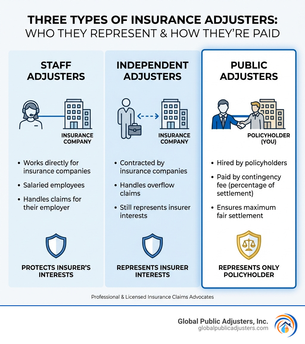 Infographic showing three types of insurance adjusters: Staff Adjusters (work directly for insurance companies, salaried employees, handle claims for their employer), Independent Adjusters (contracted by insurance companies, handle overflow claims, still represent insurer interests), and Public Adjusters (licensed professionals hired by policyholders, paid by contingency fee, represent only the policyholder's interests, ensure maximum fair settlement) - commercial public adjusters infographic 