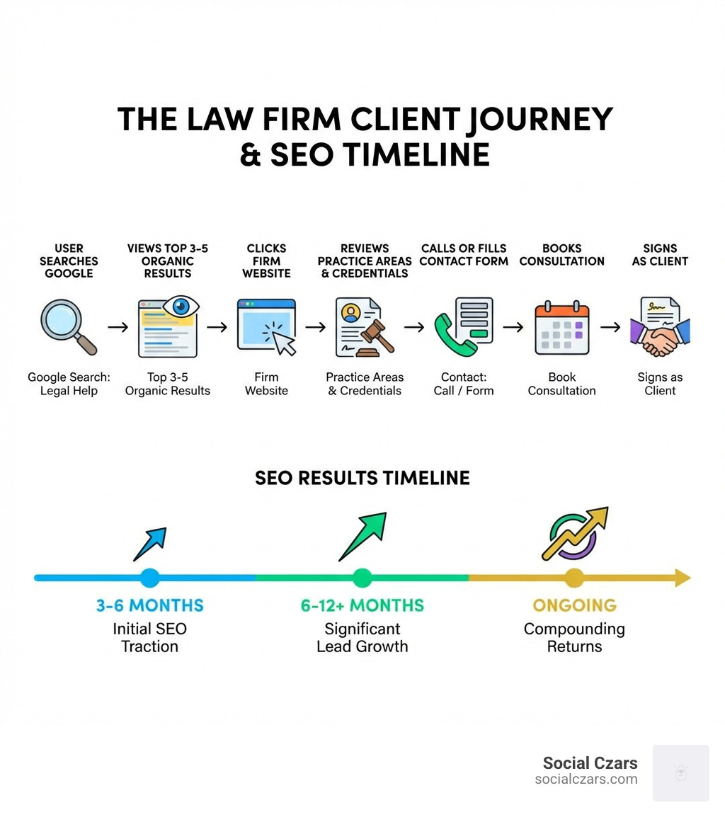 Infographic showing the law firm client journey: User searches Google for legal help → Views top 3-5 organic results → Clicks firm website → Reviews practice areas and attorney credentials → Calls or fills contact form → Books consultation → Signs as client. Timeline: 3-6 months for initial SEO traction, 6-12+ months for significant lead growth, ongoing compounding returns. - law firm seo consultant infographic 