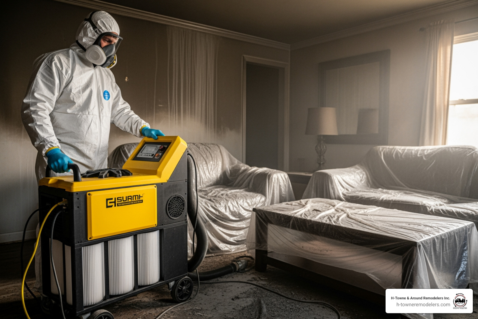restoration professional using an air scrubber in a home - Smoke odor removal service restoration professional using an air scrubber in a home - Smoke odor removal service