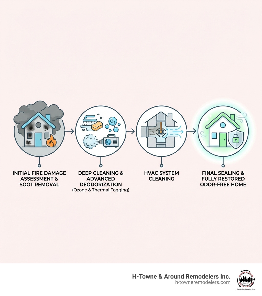 infographic showing the complete smoke odor removal process from initial fire damage assessment through soot removal, deep cleaning, advanced deodorization with ozone and thermal fogging, HVAC system cleaning, and final sealing with odor-blocking products, resulting in a fully restored odor-free home - Smoke odor removal service infographic infographic showing the complete smoke odor removal process from initial fire damage assessment through soot removal, deep cleaning, advanced deodorization with ozone and thermal fogging, HVAC system cleaning, and final sealing with odor-blocking products, resulting in a fully restored odor-free home - Smoke odor removal service infographic