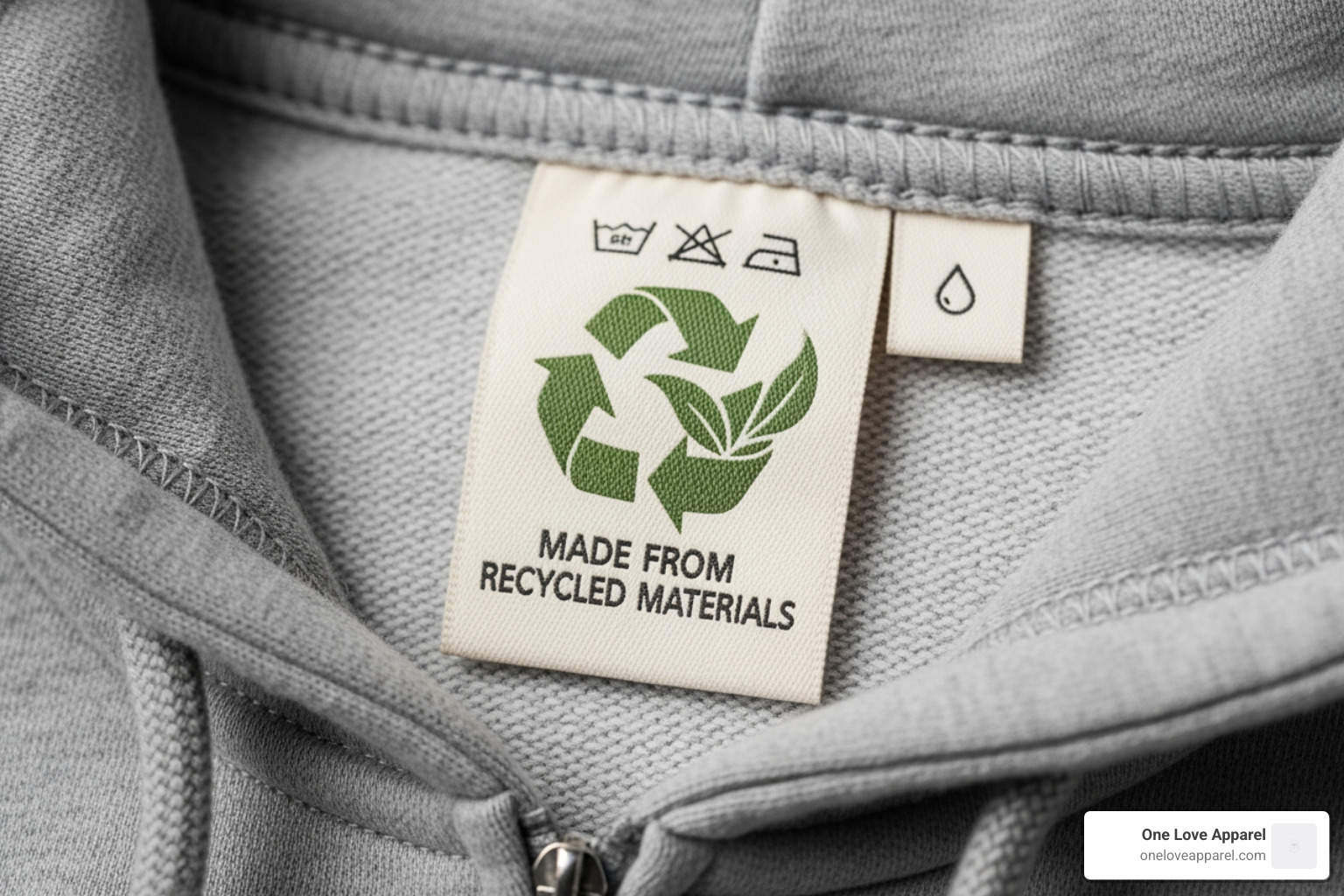 hoodie with a tag highlighting its recycled materials - american made hoodies