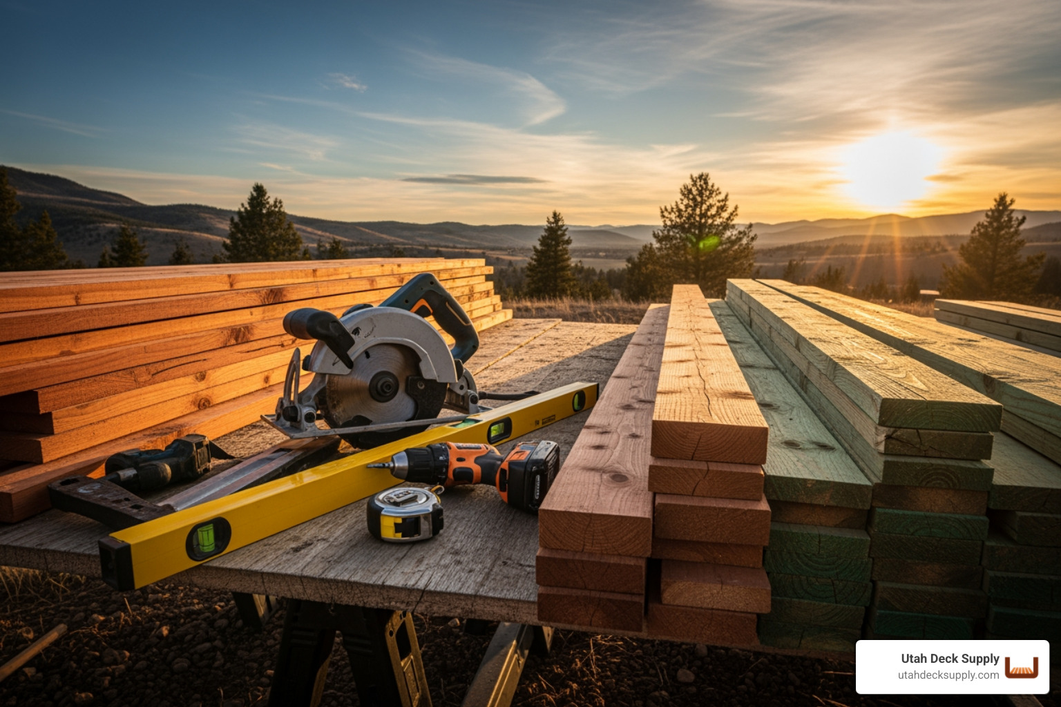 Essential tools like a circular saw, drill, level, and tape measure laid out next to stacks of cedar and pressure-treated lumber at sunset - DIY wood pavilion
