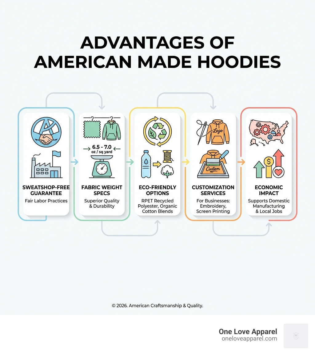 Infographic showing the key advantages of American made hoodies including sweatshop-free manufacturing guarantees, fabric weight specifications ranging from 6.5 to 7.0 oz per square yard, available eco-friendly options like RPET recycled polyester and organic cotton blends, customization services for businesses including embroidery and screen printing, and the economic impact of supporting domestic manufacturing and local jobs - american made hoodies infographic 