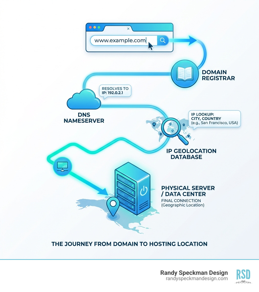 Infographic showing the journey from typing a domain name to DNS resolution, IP address lookup, and final connection to a physical server in a specific geographic location with key stops including domain registrar, nameserver, IP geolocation database, and data center - find hosting location of website infographic 