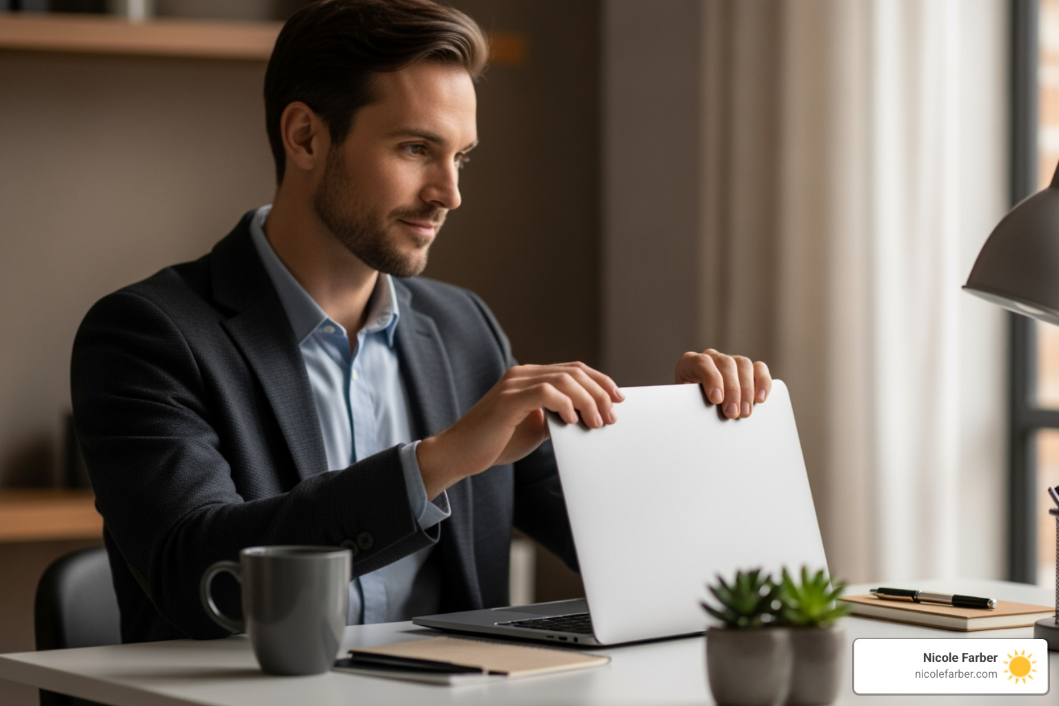 person confidently setting a boundary by closing laptop - work life balance coach person confidently setting a boundary by closing laptop - work life balance coach