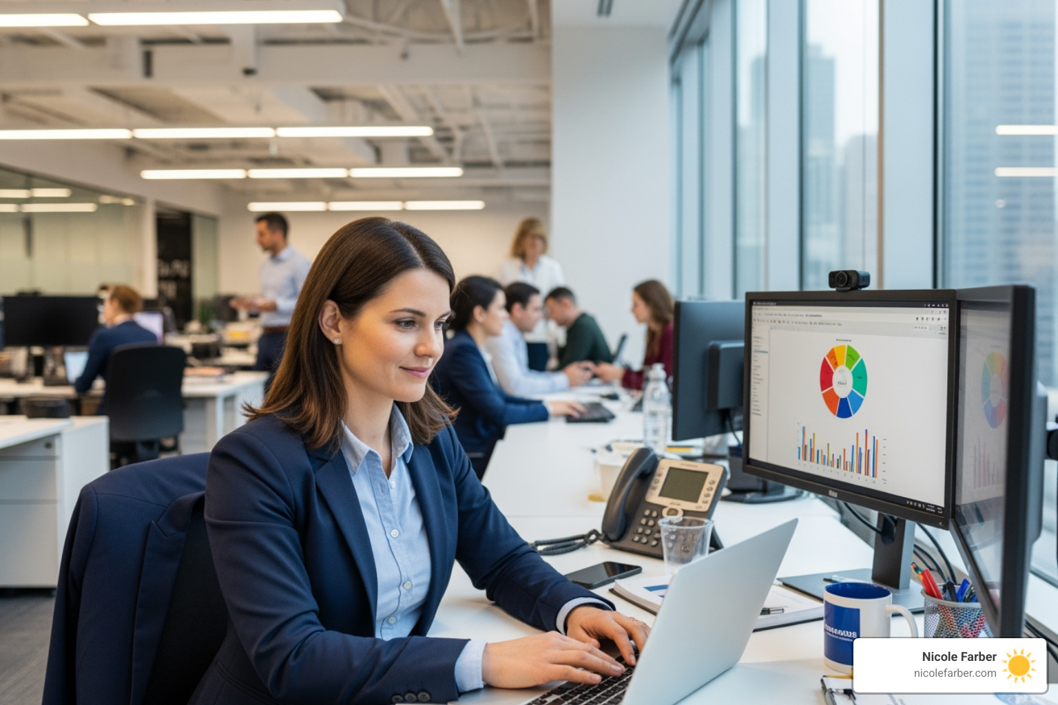 professional woman calm amidst busy office - work life balance coach professional woman calm amidst busy office - work life balance coach