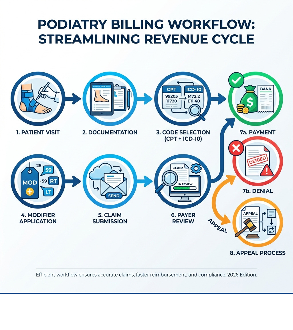 Infographic showing the podiatry billing workflow: Patient Visit → Documentation → Code Selection (CPT + ICD-10) → Modifier Application → Claim Submission → Payer Review → Payment or Denial → Appeal Process - podiatry billing cheat sheet pdf infographic 