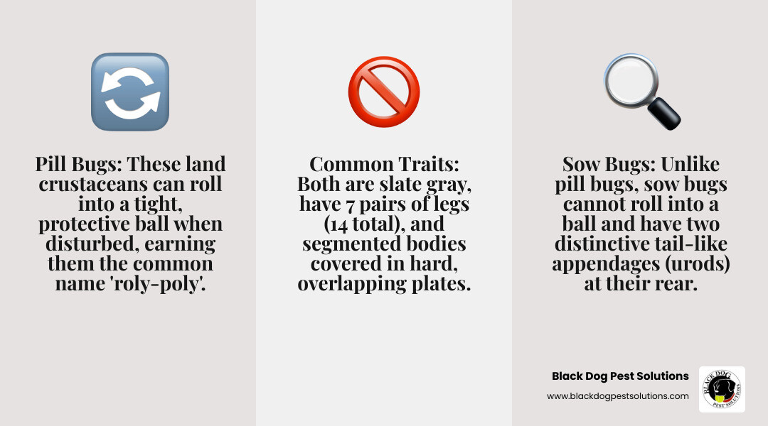 infographic showing pill bug identification: oval body with 7 hard overlapping plates, slate gray color, 14 legs, ability to roll into a tight ball when disturbed, compared to a sow bug which has two tail-like appendages and cannot roll up - pill bug extermination infographic 3_facts_emoji_grey infographic showing pill bug identification: oval body with 7 hard overlapping plates, slate gray color, 14 legs, ability to roll into a tight ball when disturbed, compared to a sow bug which has two tail-like appendages and cannot roll up - pill bug extermination infographic 3_facts_emoji_grey