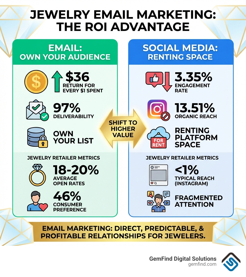 Infographic showing email marketing ROI comparison: Email delivers $36 for every $1 spent vs social media's 3.35% engagement rate, with 97% email deliverability vs Instagram's 13.51% organic reach. Chart displays key metrics for jewelry retailers including 18-20% average open rates, 46% consumer preference for email, and the ability to own your list versus renting space on social platforms. - Jewelry email marketing infographic Infographic showing email marketing ROI comparison: Email delivers $36 for every $1 spent vs social media's 3.35% engagement rate, with 97% email deliverability vs Instagram's 13.51% organic reach. Chart displays key metrics for jewelry retailers including 18-20% average open rates, 46% consumer preference for email, and the ability to own your list versus renting space on social platforms. - Jewelry email marketing infographic