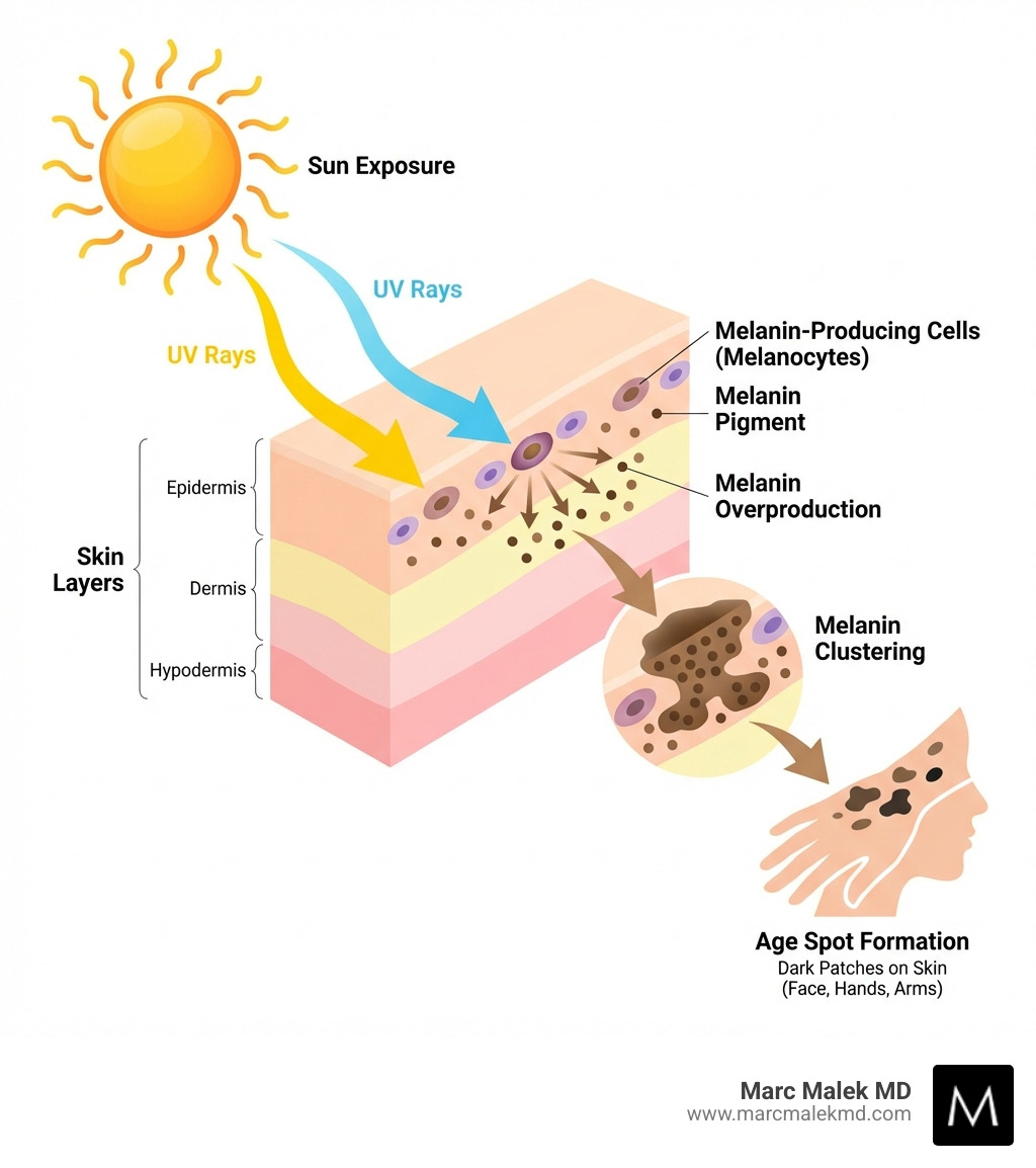 Infographic showing how sun exposure causes melanin overproduction in skin cells, leading to age spot formation, with illustrations of UV rays penetrating skin layers and melanin clustering in specific areas - age spot removal scottsdale infographic Infographic showing how sun exposure causes melanin overproduction in skin cells, leading to age spot formation, with illustrations of UV rays penetrating skin layers and melanin clustering in specific areas - age spot removal scottsdale infographic