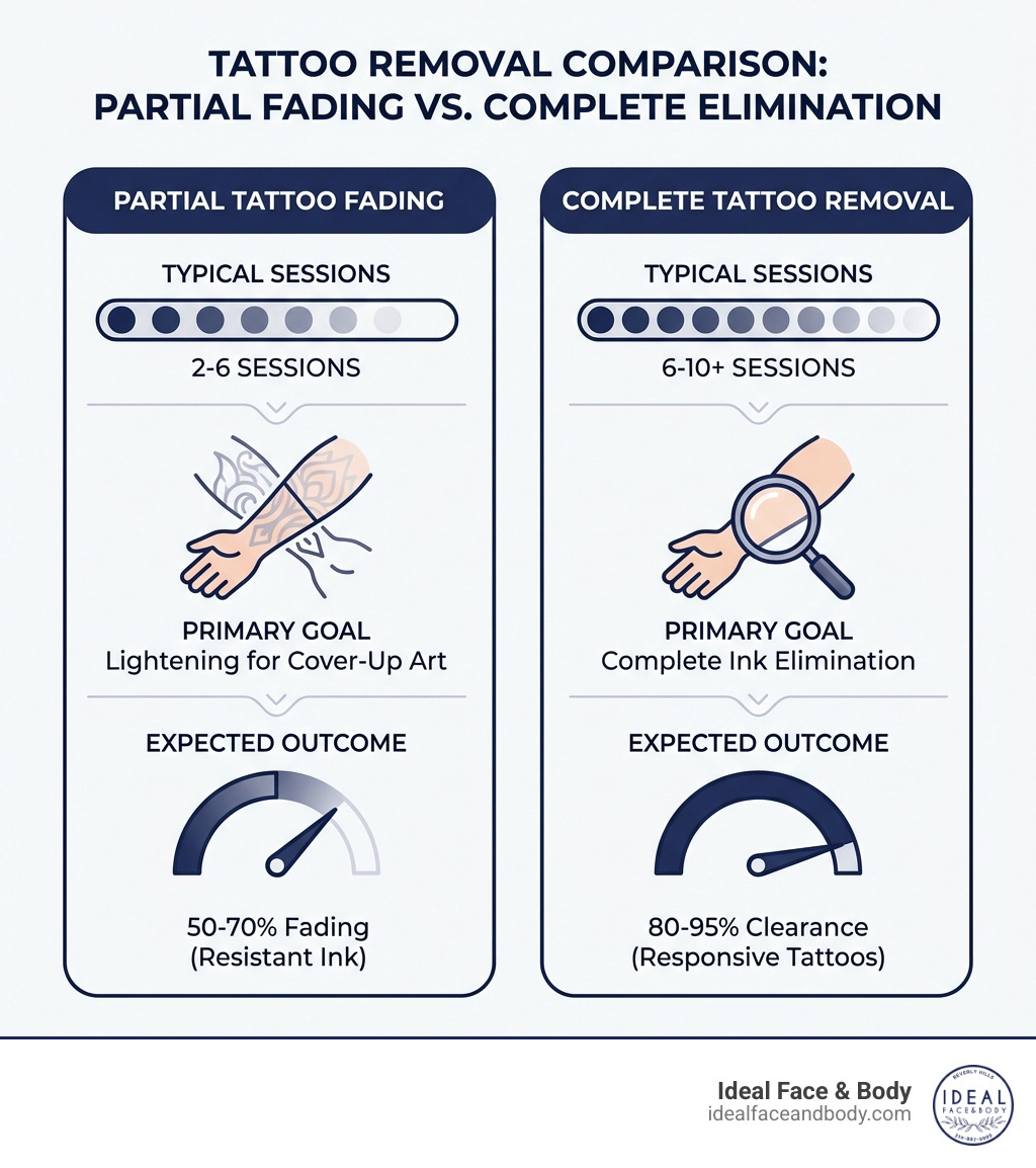 Infographic comparing partial tattoo fading versus complete tattoo removal, showing typical session counts (2-6 sessions for partial fading vs 6-10+ sessions for complete removal), primary goals (lightening for cover-up art vs complete ink elimination), and expected outcomes (50-70% fading for resistant ink vs 80-95% clearance for responsive tattoos) - partial tattoo removal cost infographic Infographic comparing partial tattoo fading versus complete tattoo removal, showing typical session counts (2-6 sessions for partial fading vs 6-10+ sessions for complete removal), primary goals (lightening for cover-up art vs complete ink elimination), and expected outcomes (50-70% fading for resistant ink vs 80-95% clearance for responsive tattoos) - partial tattoo removal cost infographic