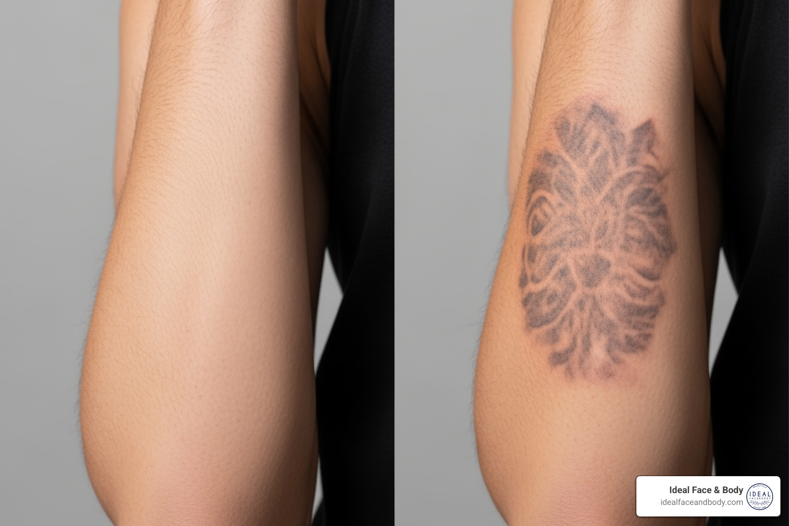 A side-by-side comparison of a fully removed tattoo versus one that has been faded for a cover-up, illustrating the different levels of ink reduction. - partial tattoo removal cost A side-by-side comparison of a fully removed tattoo versus one that has been faded for a cover-up, illustrating the different levels of ink reduction. - partial tattoo removal cost