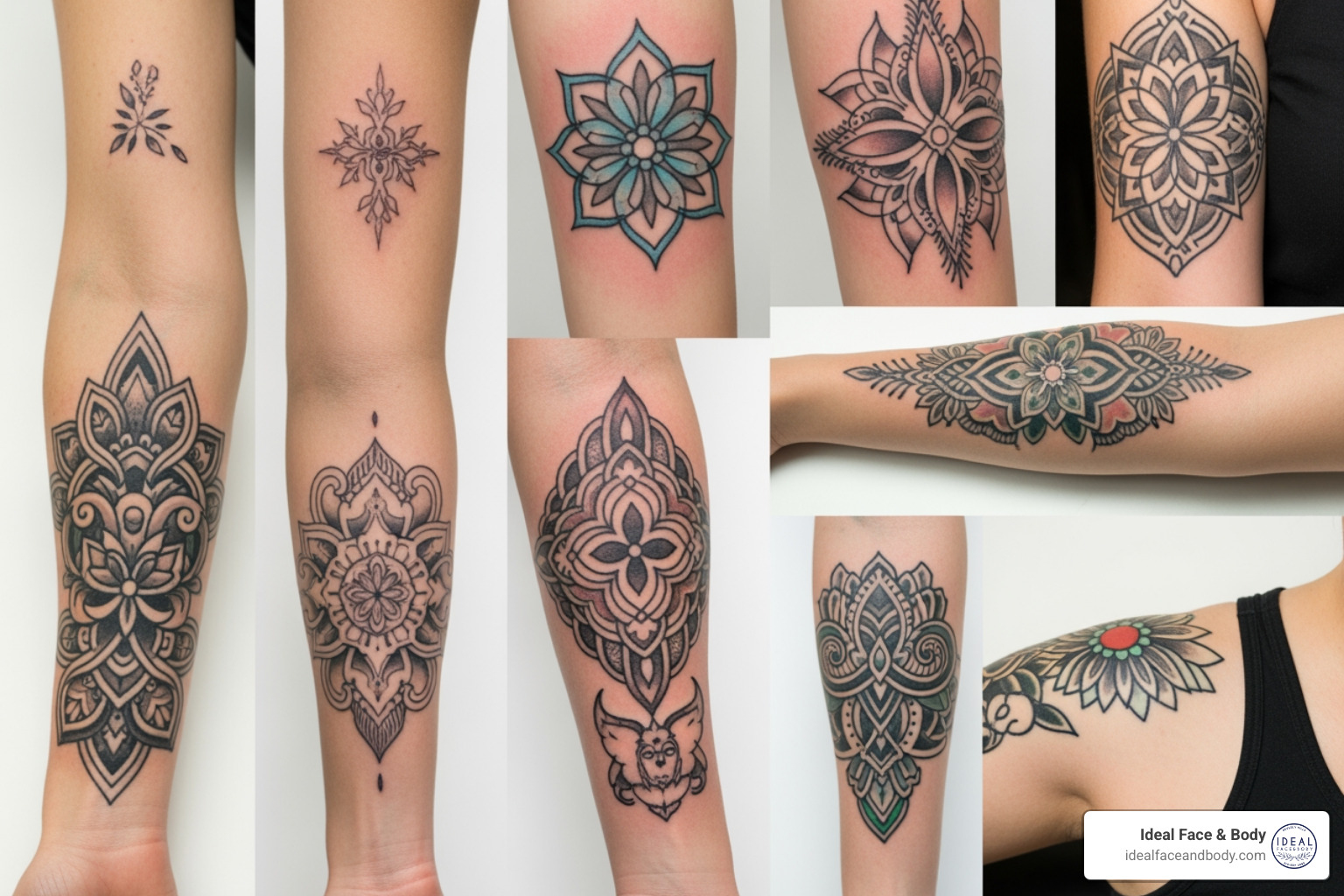 An image illustrating various tattoo characteristics including different sizes, ink densities (light vs. dark), and a spectrum of ink colors, highlighting how these factors impact removal. - partial tattoo removal cost An image illustrating various tattoo characteristics including different sizes, ink densities (light vs. dark), and a spectrum of ink colors, highlighting how these factors impact removal. - partial tattoo removal cost