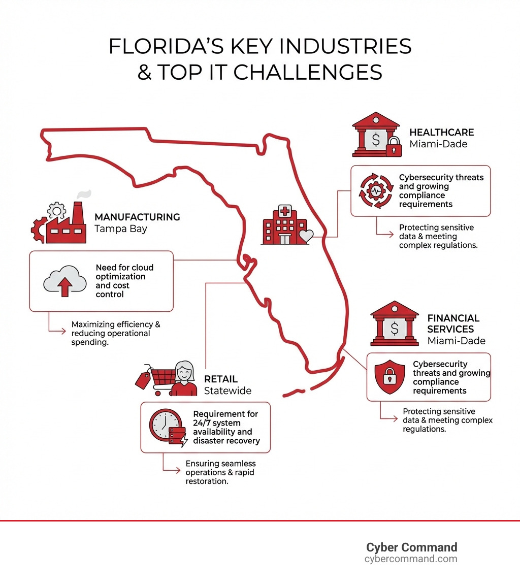 Infographic showing Florida's key industries (Financial Services Miami-Dade, Manufacturing Tampa Bay, Healthcare Orlando, Retail Statewide) with their top IT challenges: cybersecurity threats and growing compliance requirements, need for cloud optimization and cost control, pressure for digital transformation and automation, requirement for 24/7 system availability and disaster recovery - IT consulting Florida infographic 