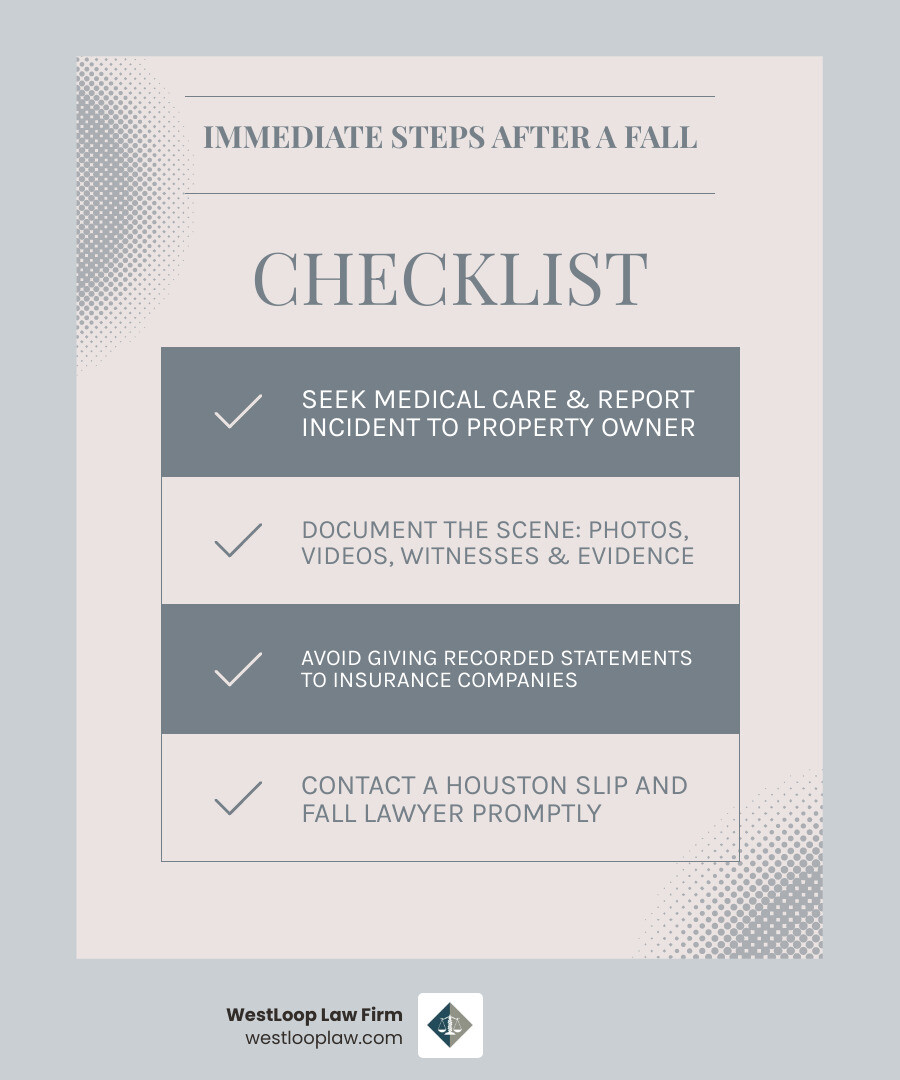 Infographic showing immediate steps after a slip and fall: 1) Seek medical attention immediately at Memorial Hermann or Houston Methodist, 2) Report the incident to property owner or manager, 3) Take photos and videos of the hazard and scene, 4) Collect witness names and contact information, 5) Preserve evidence like clothing and shoes, 6) Avoid giving recorded statements to insurance companies, 7) Contact a Houston slip and fall lawyer within Texas's two-year statute of limitations - slip and fall lawyer houston infographic checklist-light-blue-grey Infographic showing immediate steps after a slip and fall: 1) Seek medical attention immediately at Memorial Hermann or Houston Methodist, 2) Report the incident to property owner or manager, 3) Take photos and videos of the hazard and scene, 4) Collect witness names and contact information, 5) Preserve evidence like clothing and shoes, 6) Avoid giving recorded statements to insurance companies, 7) Contact a Houston slip and fall lawyer within Texas's two-year statute of limitations - slip and fall lawyer houston infographic checklist-light-blue-grey