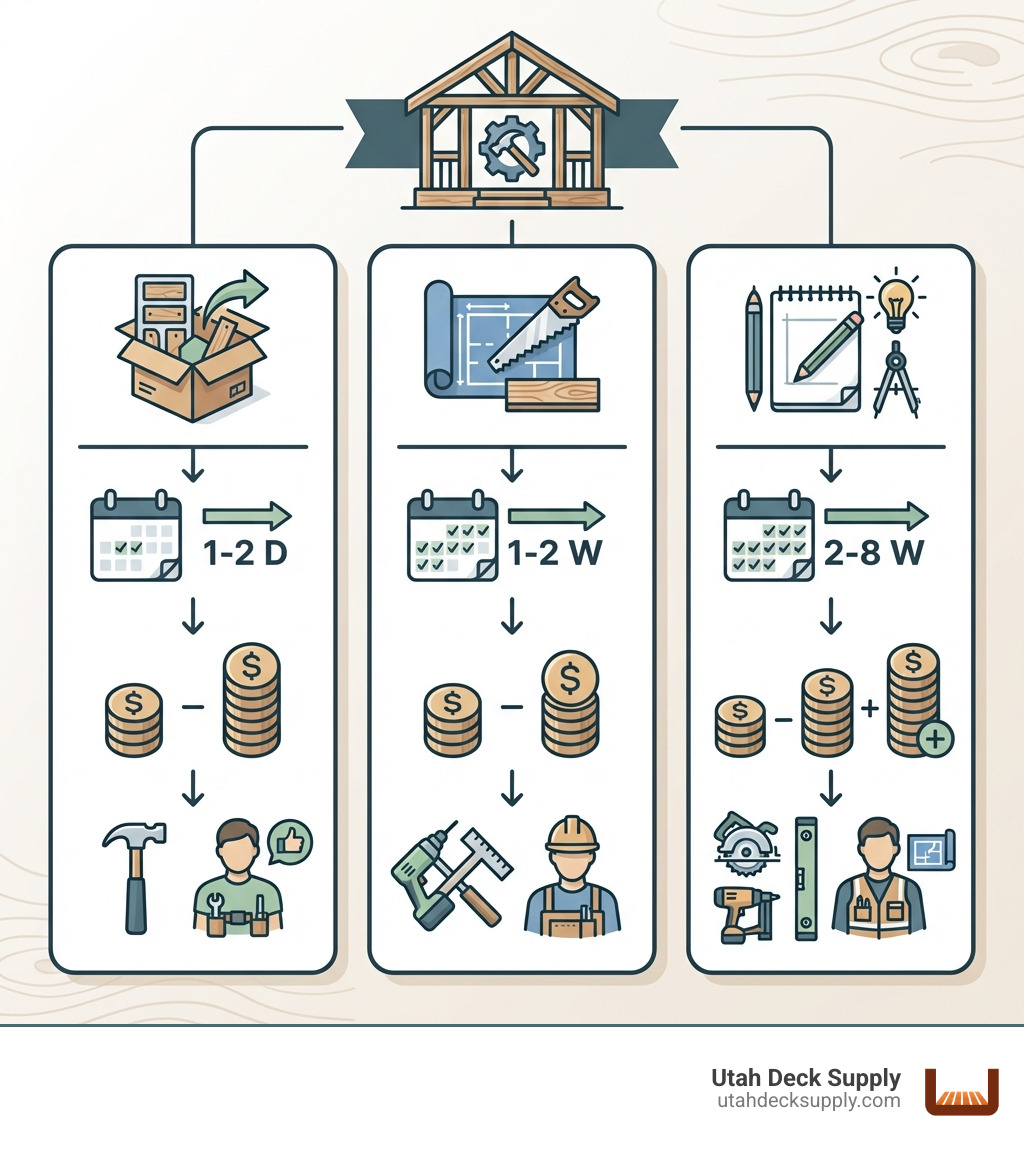 Infographic showing three pathways for building a DIY wood pavilion: 1) Pre-Cut Pavilion Kit from Utah Deck Supply with timeline of 1-2 days, cost range of five thousand to twelve thousand dollars, and beginner skill level; 2) Building from Plans using Utah Deck Supply materials with timeline of 1-2 weeks, cost range of three thousand to seventy-five hundred dollars, and intermediate skill level; 3) Custom Design with Utah Deck Supply expert consultation showing timeline of 2-8 weeks, cost range of five thousand to fifteen thousand plus dollars, and advanced skill level, with icons representing tools, calendar, and dollar signs for each pathway - DIY wood pavilion infographic 