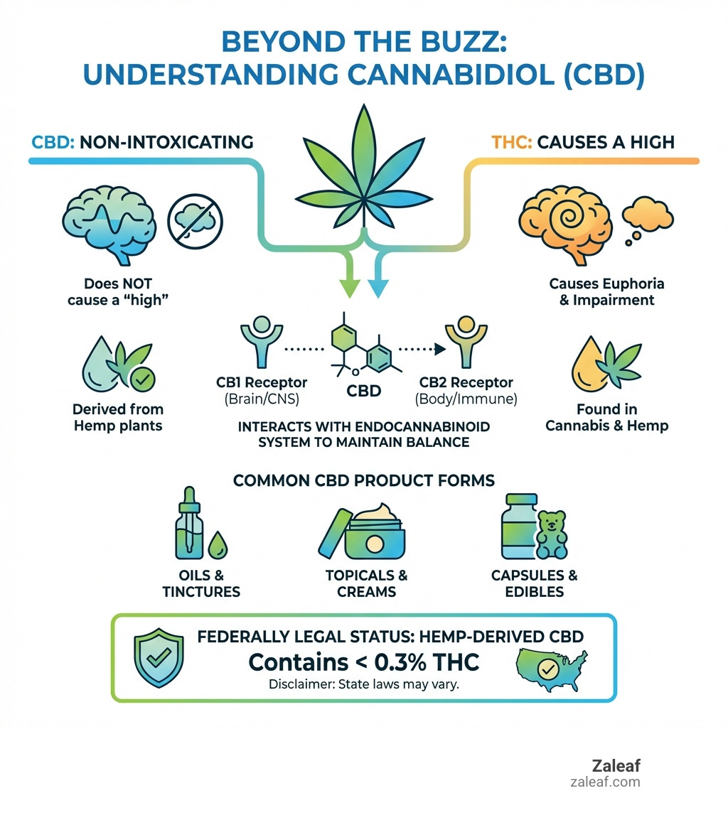 Infographic showing cannabidiol (CBD) as a non-intoxicating compound from cannabis plants, comparing it to THC which causes a high, illustrating CBD's interaction with the endocannabinoid system through CB1 and CB2 receptors, showing common product forms like oils and topicals, and highlighting that hemp-derived CBD with less than 0.3% THC is federally legal - what is cannabidiol infographic Infographic showing cannabidiol (CBD) as a non-intoxicating compound from cannabis plants, comparing it to THC which causes a high, illustrating CBD's interaction with the endocannabinoid system through CB1 and CB2 receptors, showing common product forms like oils and topicals, and highlighting that hemp-derived CBD with less than 0.3% THC is federally legal - what is cannabidiol infographic