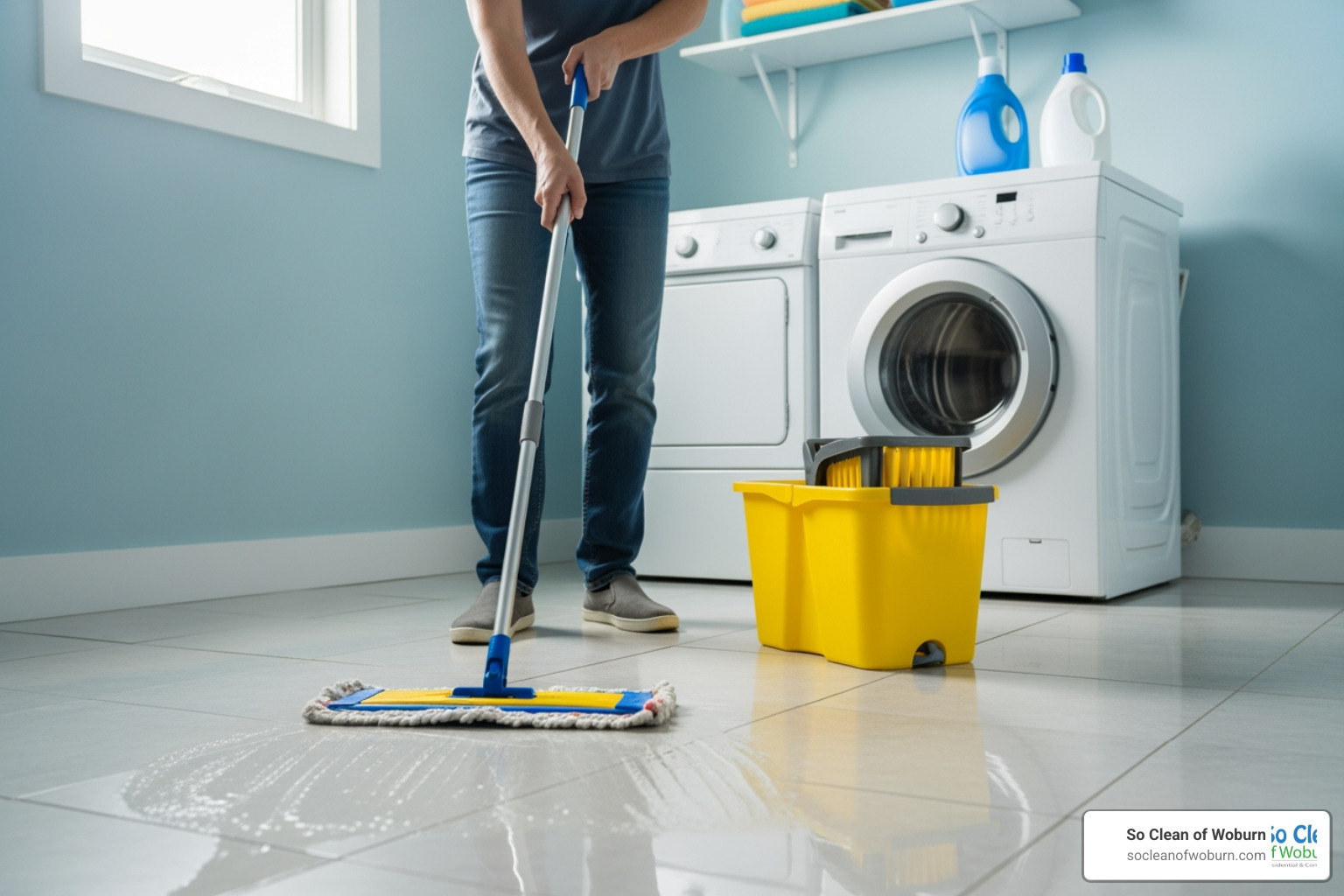 Someone mopping a laundry room floor - Laundry room cleaning