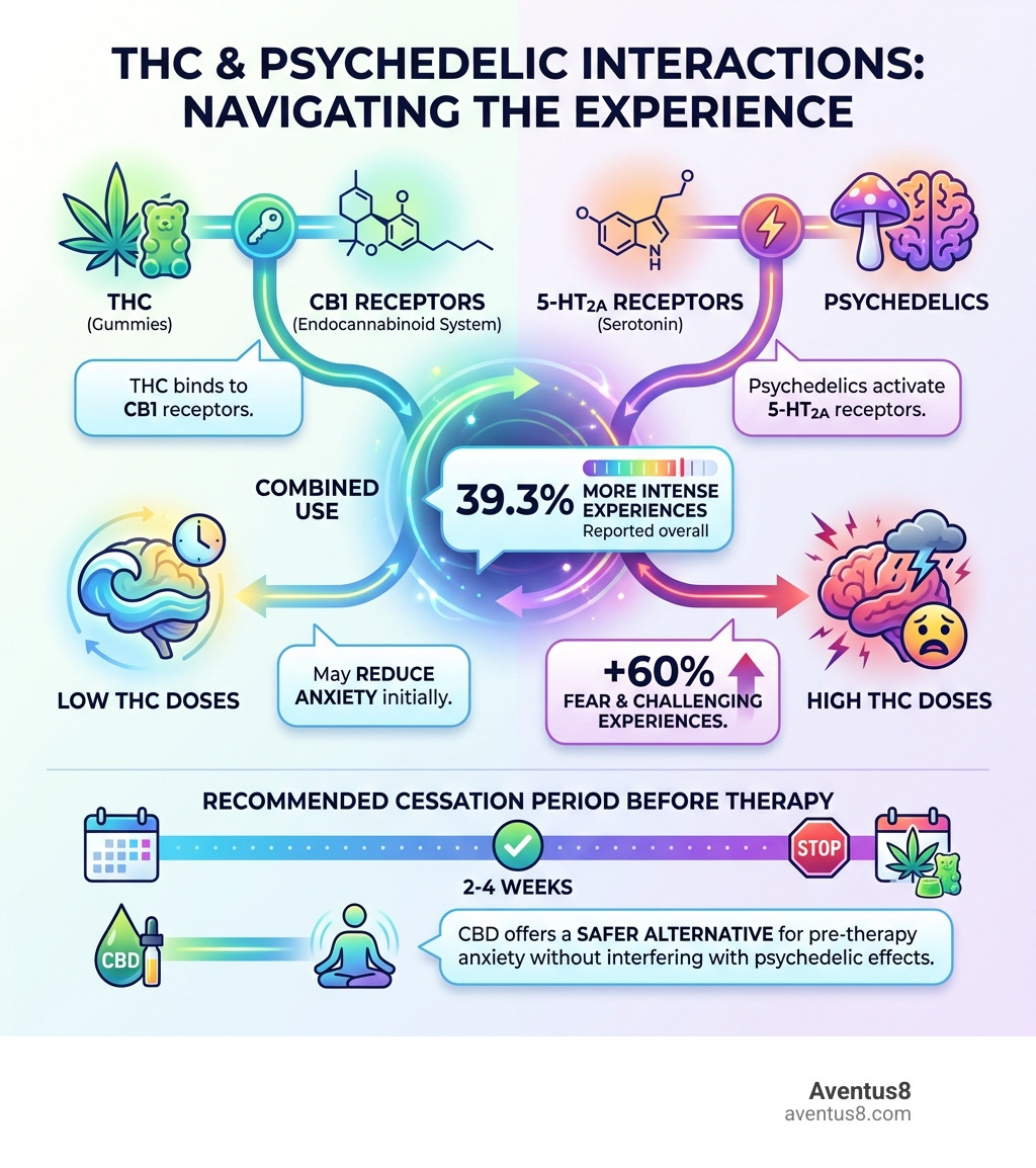 Infographic showing THC and psychedelic interactions: THC binds to CB1 receptors in the endocannabinoid system; Psychedelics activate 5-HT2A serotonin receptors; Combined use leads to 39.3% more intense experiences; Low THC doses may reduce anxiety initially; High THC doses increase fear and challenging experiences by 60%; Recommended cessation period is 2-4 weeks before therapy; CBD offers a safer alternative for pre-therapy anxiety without interfering with psychedelic effects - should i stop thc gummies before psychedelic therapy infographic 