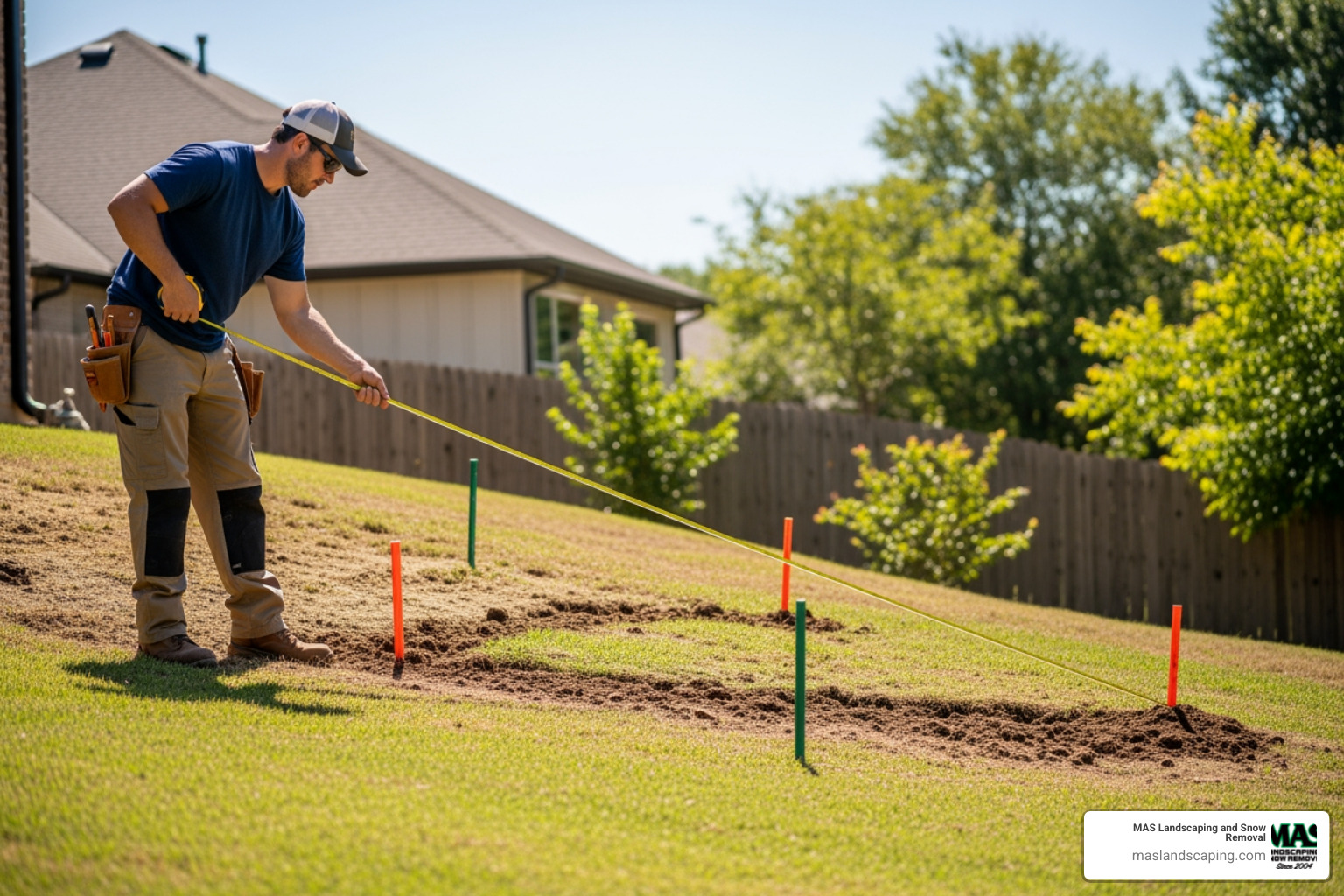 Contractor using a measuring tape on a sloped yard to plan a wall - poured concrete retaining wall near me