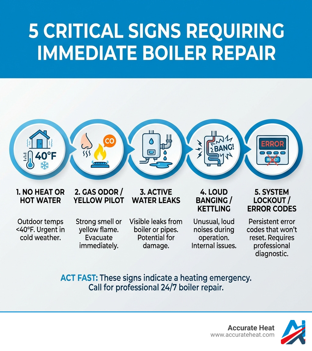 Infographic showing 5 critical signs requiring immediate boiler repair: 1) No heat or hot water with outdoor temperatures below 40°F, 2) Strong gas odor or yellow pilot light flame, 3) Active water leaks from boiler or pipes, 4) Loud banging or kettling noises during operation, 5) System lockout with error codes that won't reset - 24 7 boiler repair infographic 