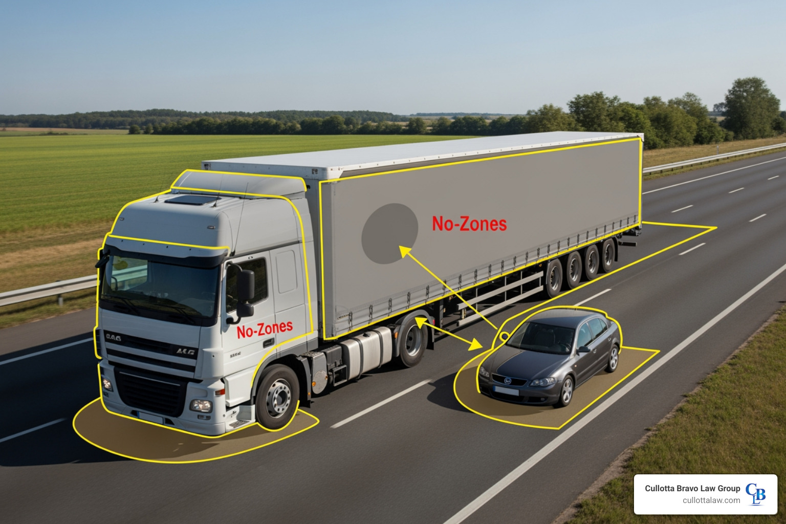 illustrating the 'no-zone' blind spots around a large commercial truck - truck accident attorney in aurora
