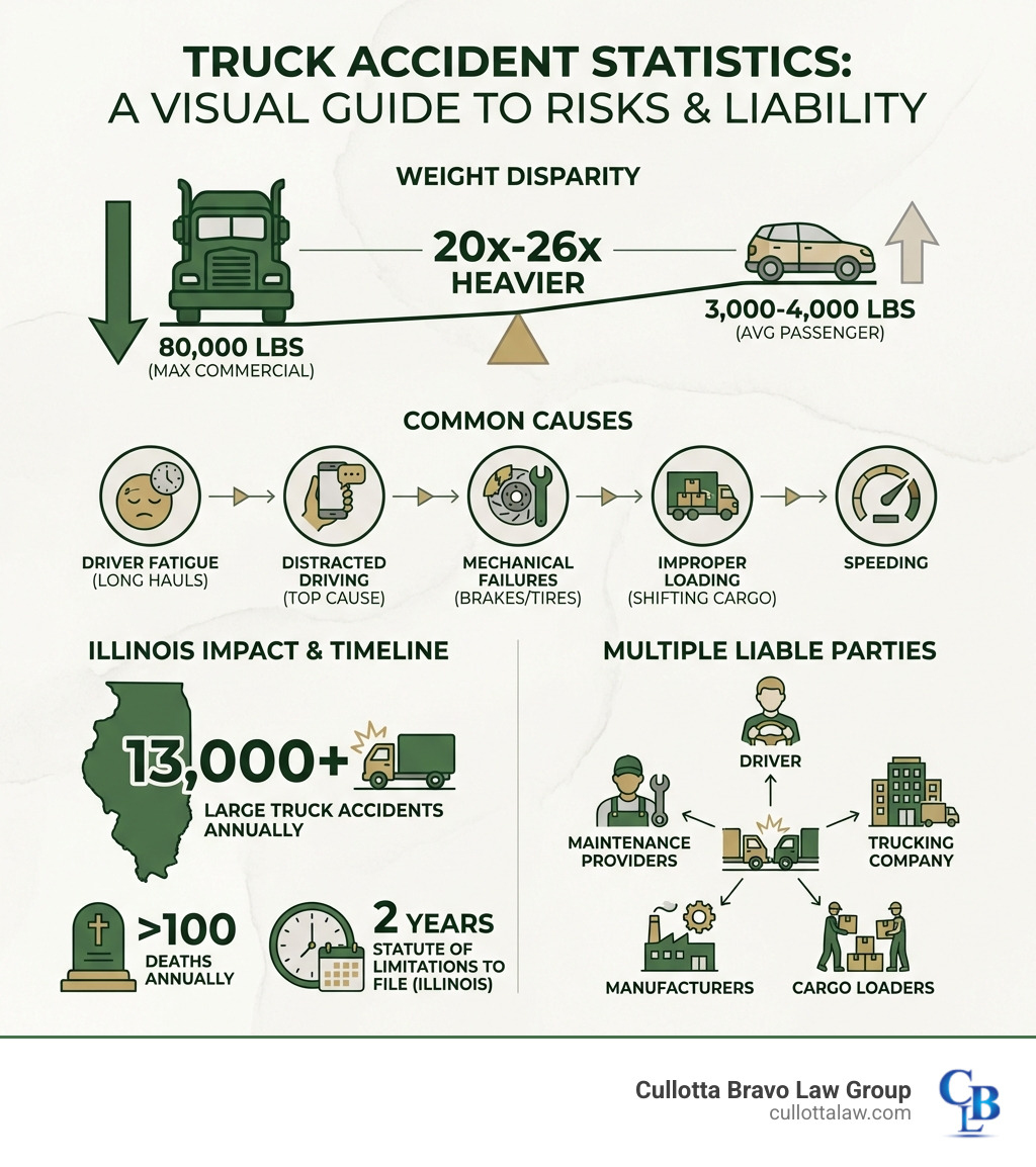 Infographic showing truck accident statistics: Commercial trucks weigh up to 80,000 pounds vs. passenger cars at 3,000-4,000 pounds. Common causes include driver fatigue (long hauls and tight schedules), distracted driving (FMCSA top cause), mechanical failures (brake and tire issues), improper loading (shifting cargo), and speeding. Illinois sees approximately 13,000 large truck accidents annually resulting in over 100 deaths. Statute of limitations: 2 years to file. Multiple liable parties: driver, trucking company, cargo loaders, manufacturers, maintenance providers. - truck accident attorney in aurora infographic 