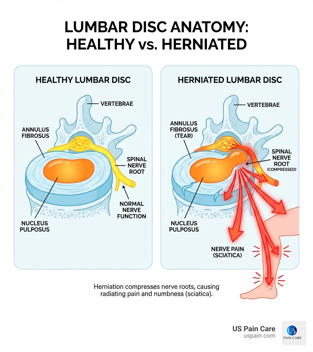 infographic showing the anatomy of a healthy lumbar disc with labeled parts including vertebrae, annulus fibrosus, and nucleus pulposus, compared side-by-side with a herniated disc showing the nucleus pulposus pushing through the annulus and compressing a spinal nerve root, with arrows indicating the direction of nerve pain radiating down the leg - best treatment for herniated lumbar disc infographic 