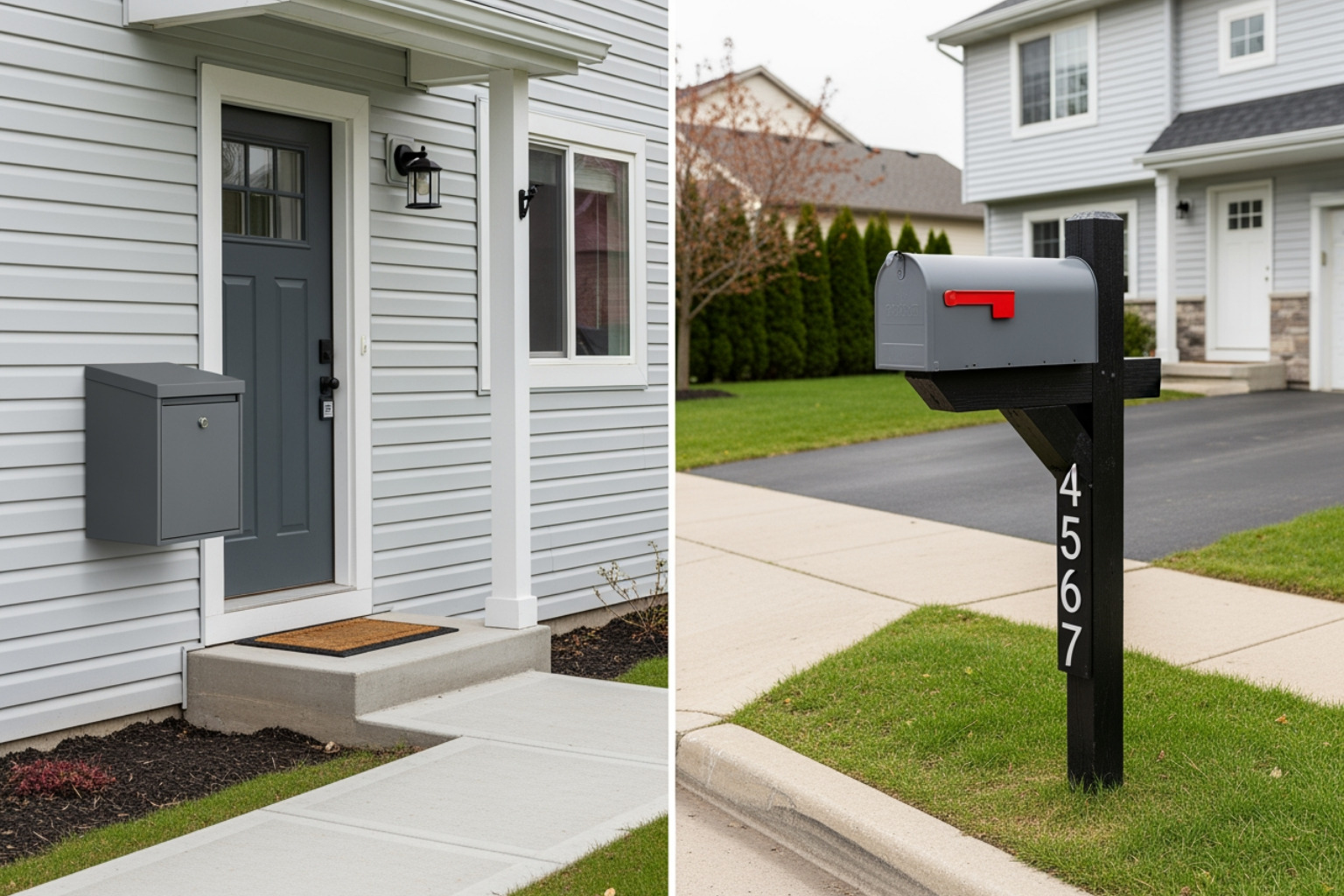 Side-by-side comparison of a wall-mount mailbox next to a front door and a post-mount mailbox at the curb - Wall mount mailboxes