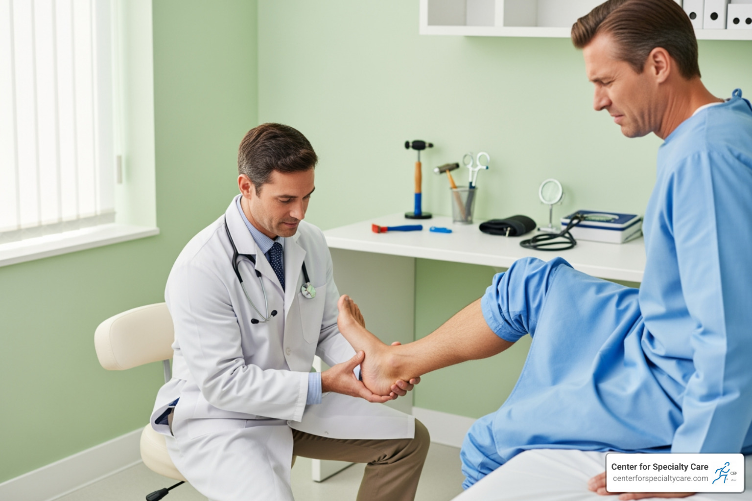 of a doctor examining a patient's foot - foot care clinic