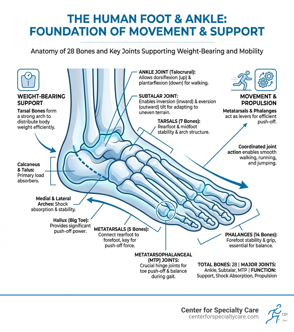 Infographic showing the anatomy of the human foot and ankle, highlighting the 28 bones including the tarsals, metatarsals, and phalanges, plus the major joints such as the ankle joint, subtalar joint, and metatarsophalangeal joints, with labels indicating how these structures support weight-bearing and movement - foot care clinic infographic 