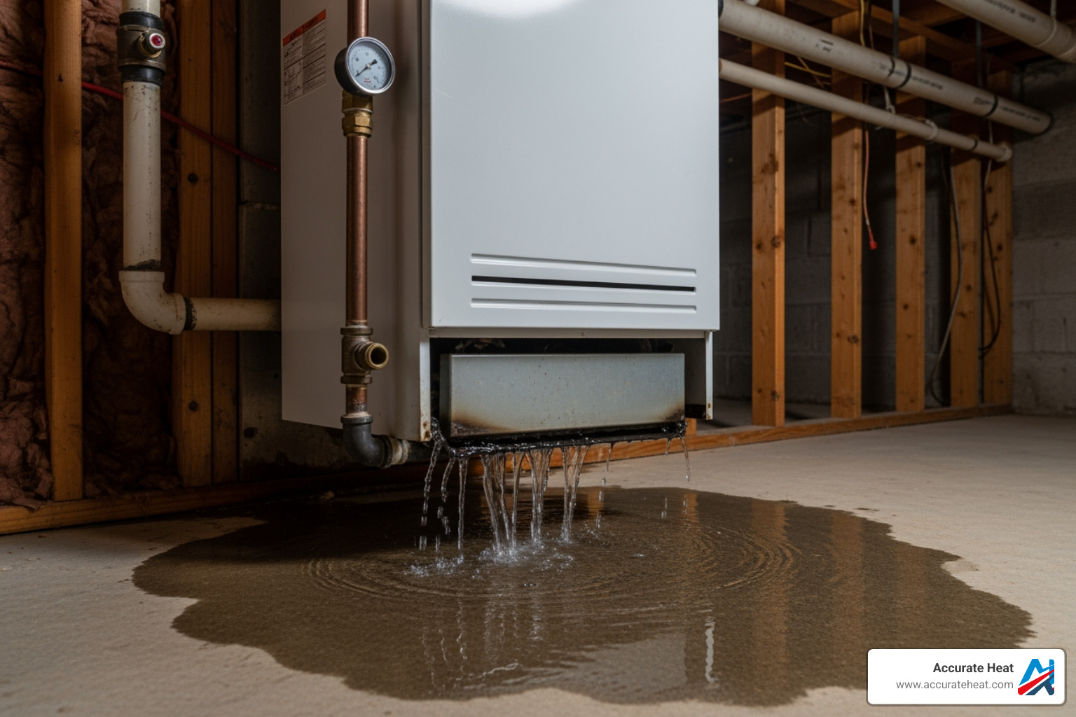 Boiler with a visible water leak at its base - 24 7 boiler repair