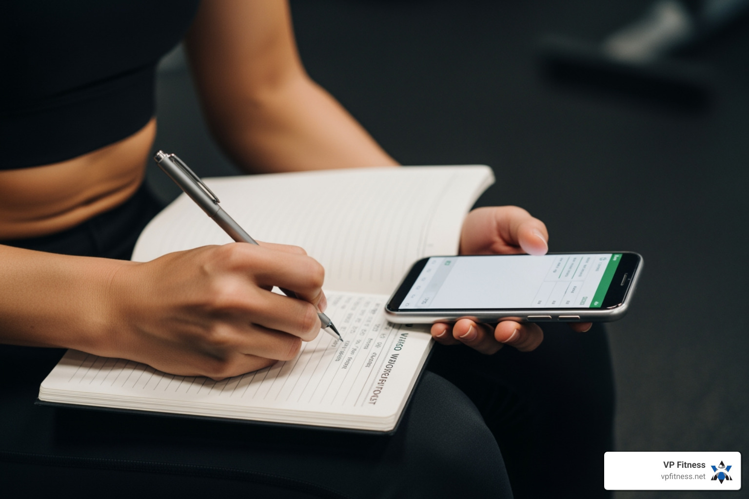 person tracking their workout in a notebook or app - 12 week push pull legs program