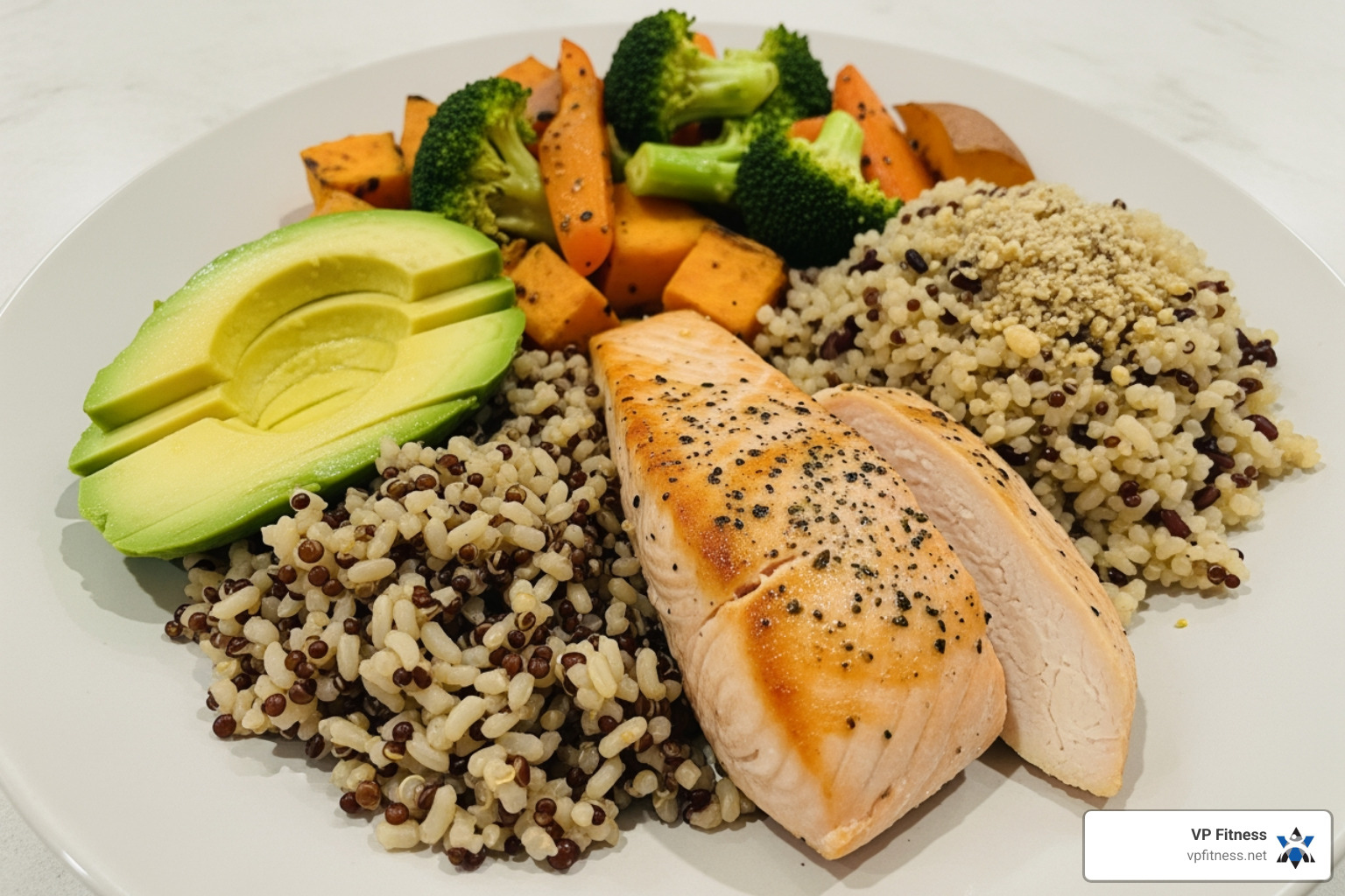 balanced meal with lean protein, complex carbs, and healthy fats - 12 week push pull legs program
