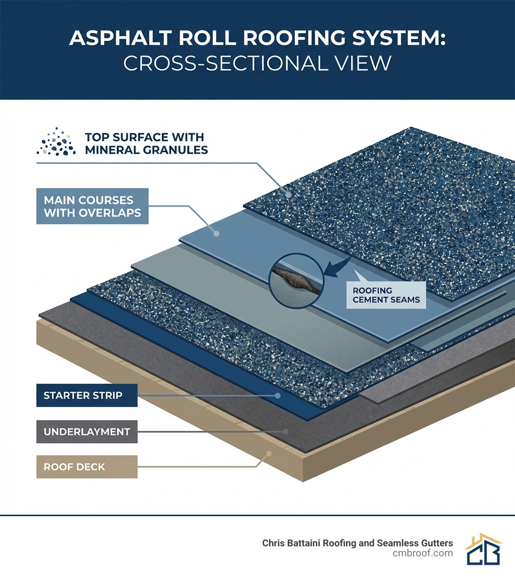 Infographic showing cross-section of asphalt roll roofing system with labeled layers including roof deck, underlayment, starter strip, main courses with overlaps, roofing cement seams, and top surface with mineral granules - asphalt roll roofing installation infographic Infographic showing cross-section of asphalt roll roofing system with labeled layers including roof deck, underlayment, starter strip, main courses with overlaps, roofing cement seams, and top surface with mineral granules - asphalt roll roofing installation infographic