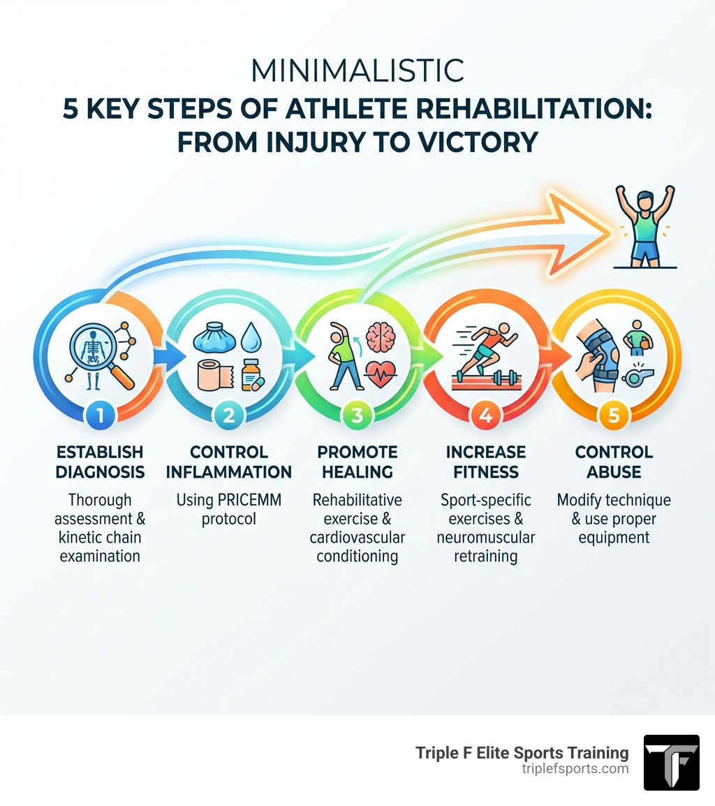 infographic showing the 5 key steps of athlete rehabilitation: Step 1 Establish Diagnosis through thorough assessment and kinetic chain examination, Step 2 Control Inflammation using PRICEMM protocol, Step 3 Promote Healing through rehabilitative exercise and cardiovascular conditioning, Step 4 Increase Fitness with sport-specific exercises and neuromuscular retraining, Step 5 Control Abuse by modifying technique and using proper equipment - Rehab for athletes infographic infographic showing the 5 key steps of athlete rehabilitation: Step 1 Establish Diagnosis through thorough assessment and kinetic chain examination, Step 2 Control Inflammation using PRICEMM protocol, Step 3 Promote Healing through rehabilitative exercise and cardiovascular conditioning, Step 4 Increase Fitness with sport-specific exercises and neuromuscular retraining, Step 5 Control Abuse by modifying technique and using proper equipment - Rehab for athletes infographic