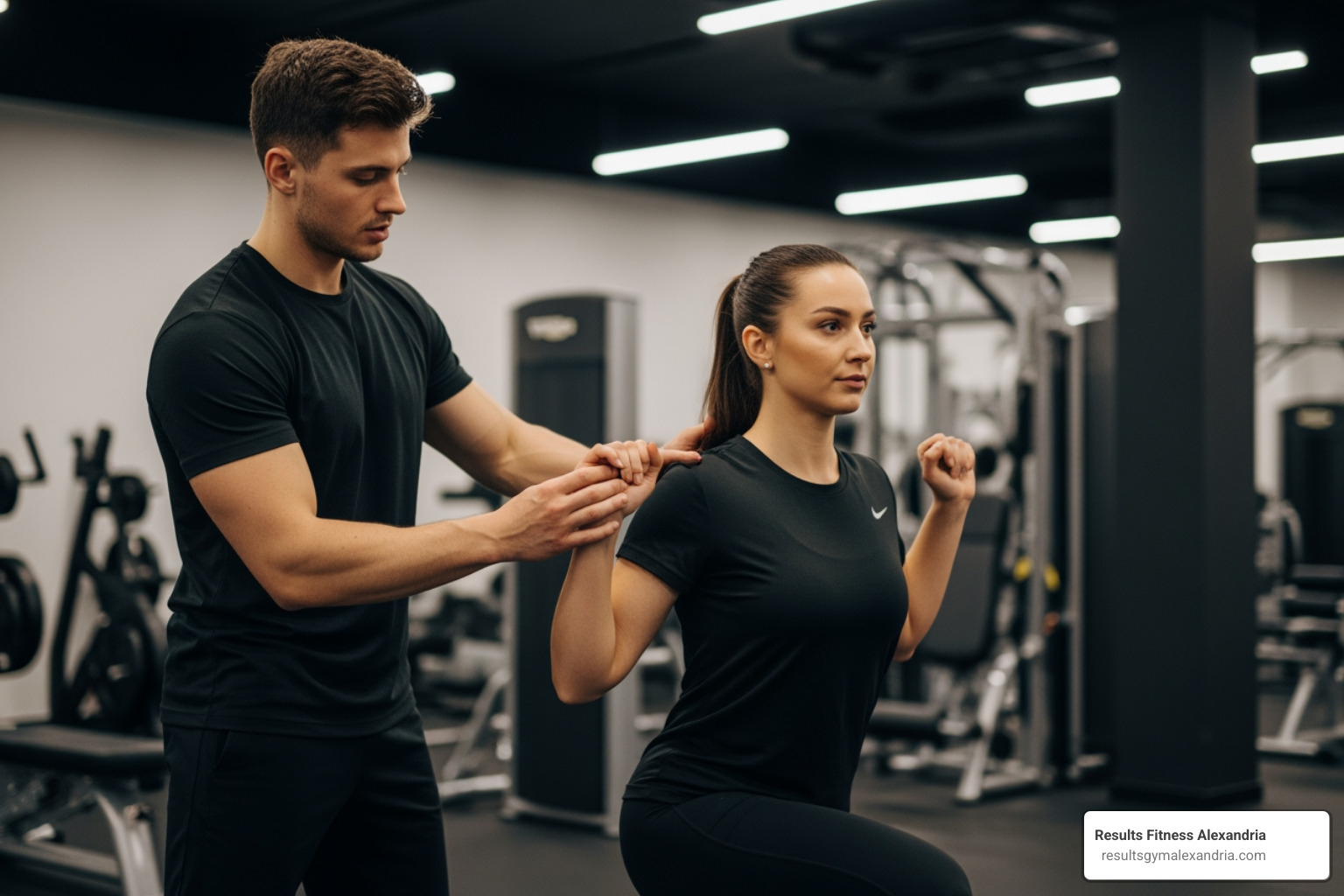 personal trainer guiding client on proper form - cardio strength flexibility balance personal trainer guiding client on proper form - cardio strength flexibility balance