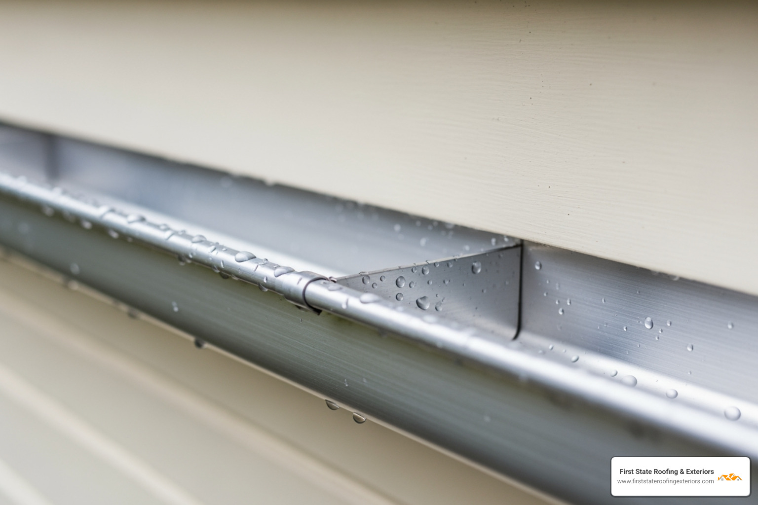 close-up of a seamless aluminum gutter section - guttering replacement near me
