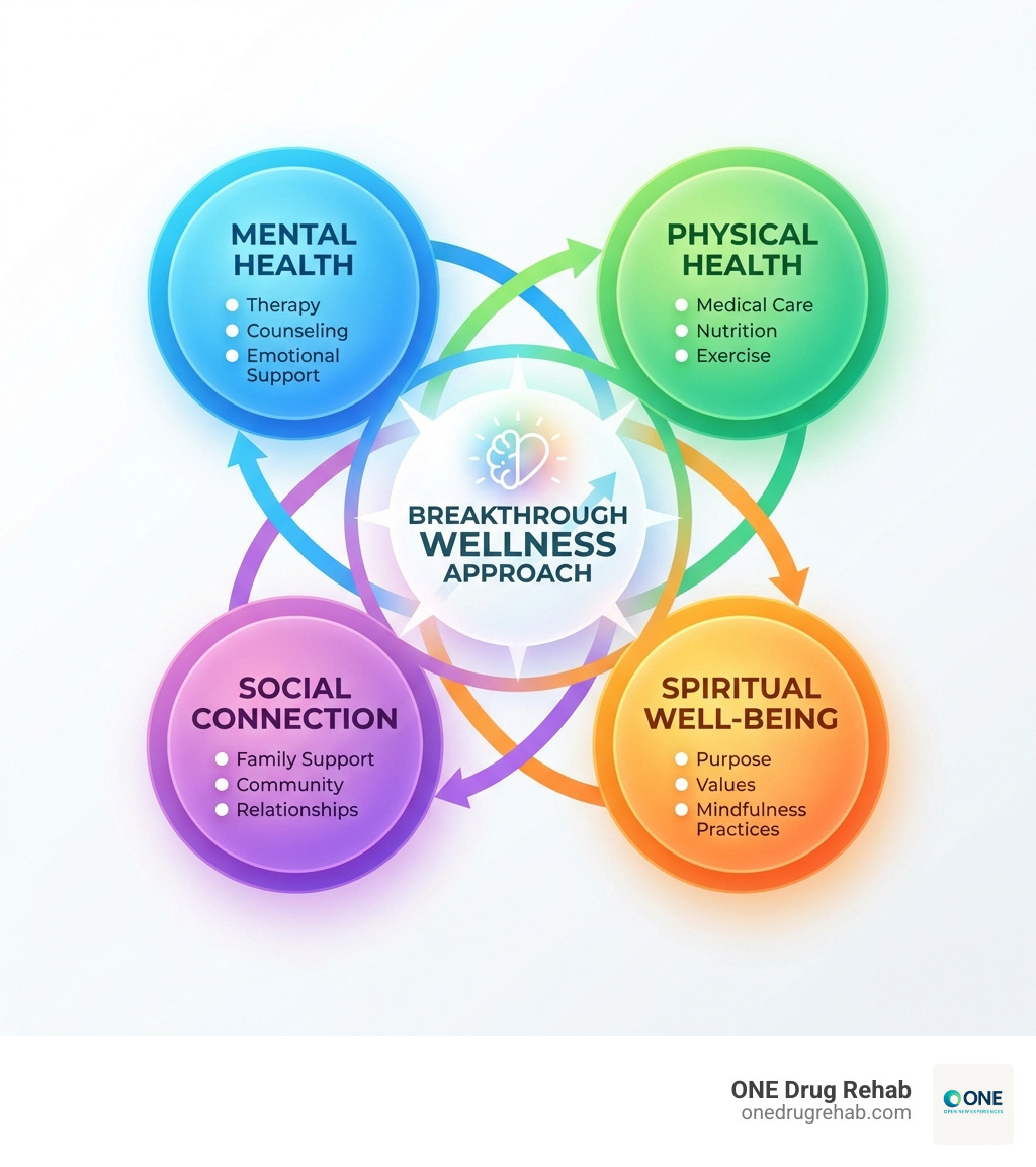 Holistic Wellness Pillars: The foundation includes four interconnected circles labeled Mental Health (therapy, counseling, emotional support), Physical Health (medical care, nutrition, exercise), Spiritual Well-being (purpose, values, mindfulness practices), and Social Connection (family support, community, relationships). Arrows connect all circles showing their interdependence, with 'Breakthrough Wellness Approach' at the center. - breakthrough wellness center infographic 