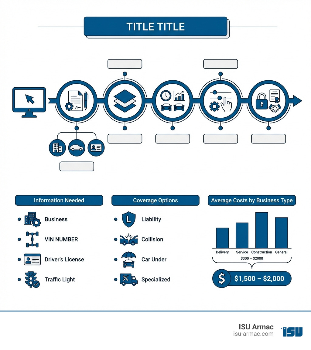Infographic showing the step-by-step process to get a business auto insurance quote online, including information needed, coverage options, and average costs by business type - business auto insurance quote infographic 