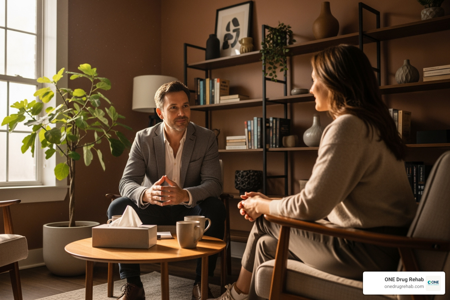 A therapist and client in a comfortable, sunlit consultation room, engaging in a warm and open conversation. - breakthrough wellness center